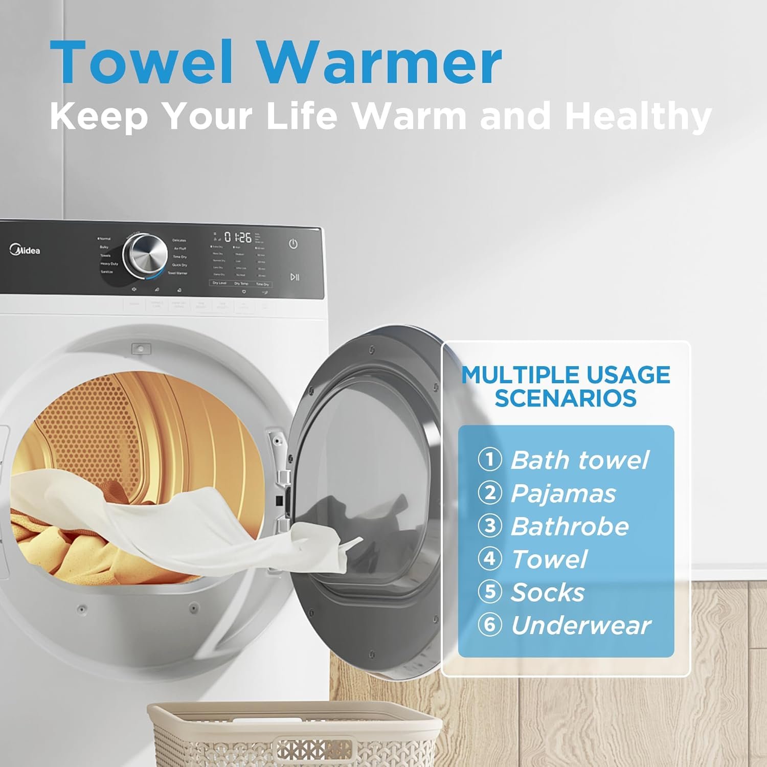 Midea MLE45N1AWW Front Load Electric Dryer Matching, with Stainless Steel Sensor Dry, Wrinkle Care, Touch Control, 10 Total Cycles, 8.0 Cu.ft, White - Image 6