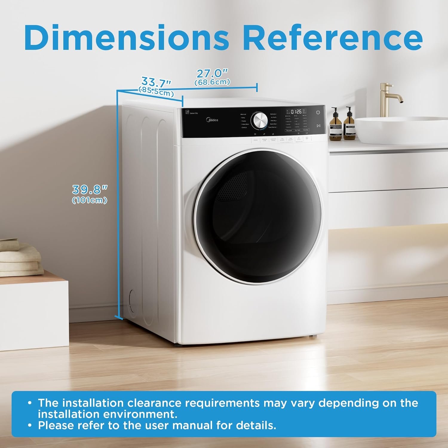Midea MLE45N1AWW Front Load Electric Dryer Matching, with Stainless Steel Sensor Dry, Wrinkle Care, Touch Control, 10 Total Cycles, 8.0 Cu.ft, White - Image 8