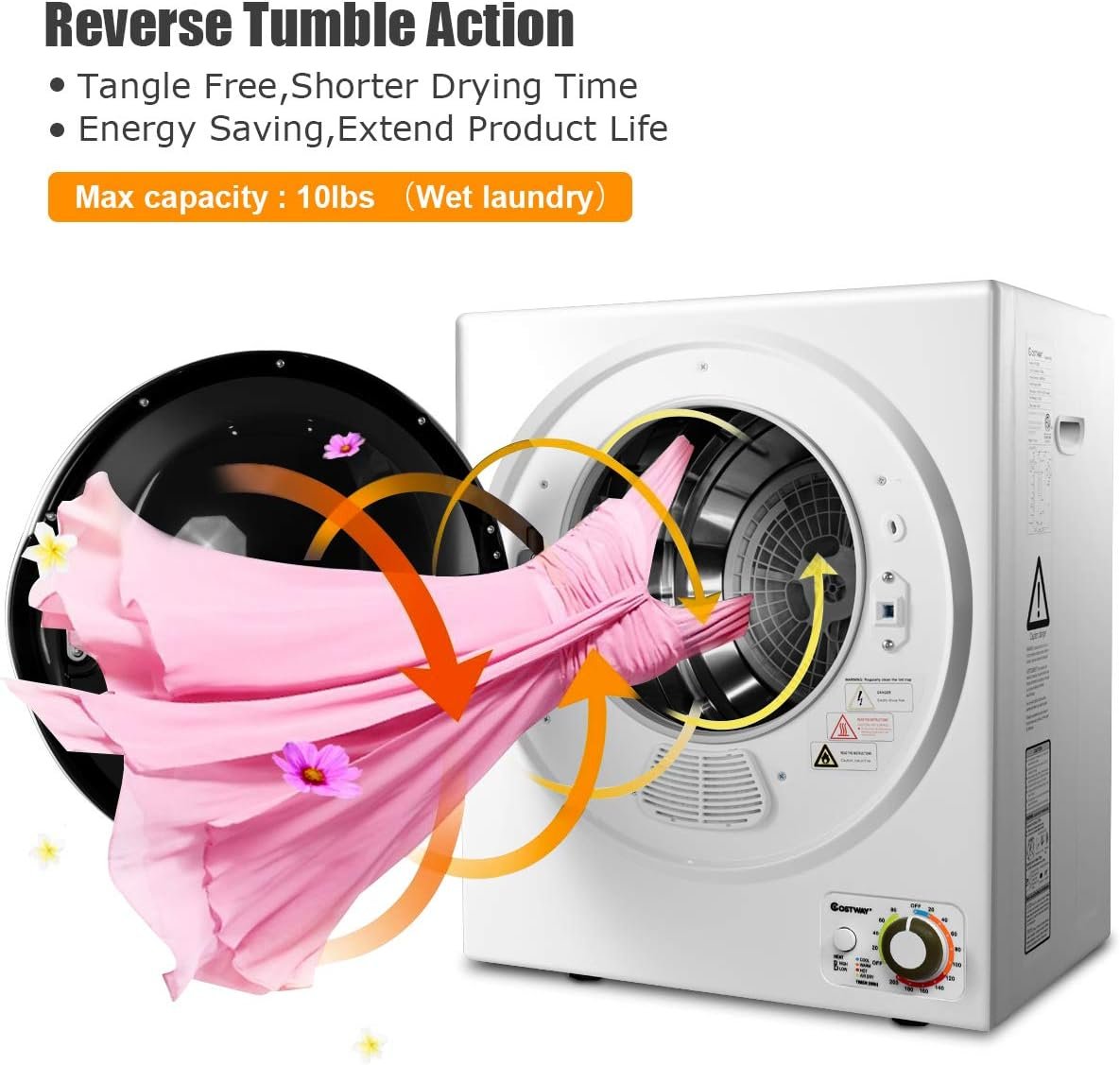 COSTWAY 1.5 cu. ft Electric Tumble Dryer, Portable Dryer w/ 4 Automatic Drying Modes, Compact Clothes Dryer w/ Stainless Steel Tub & Easy Control Panel, Apply for Apartments, Dorm, RVs, Sliver - Image 7