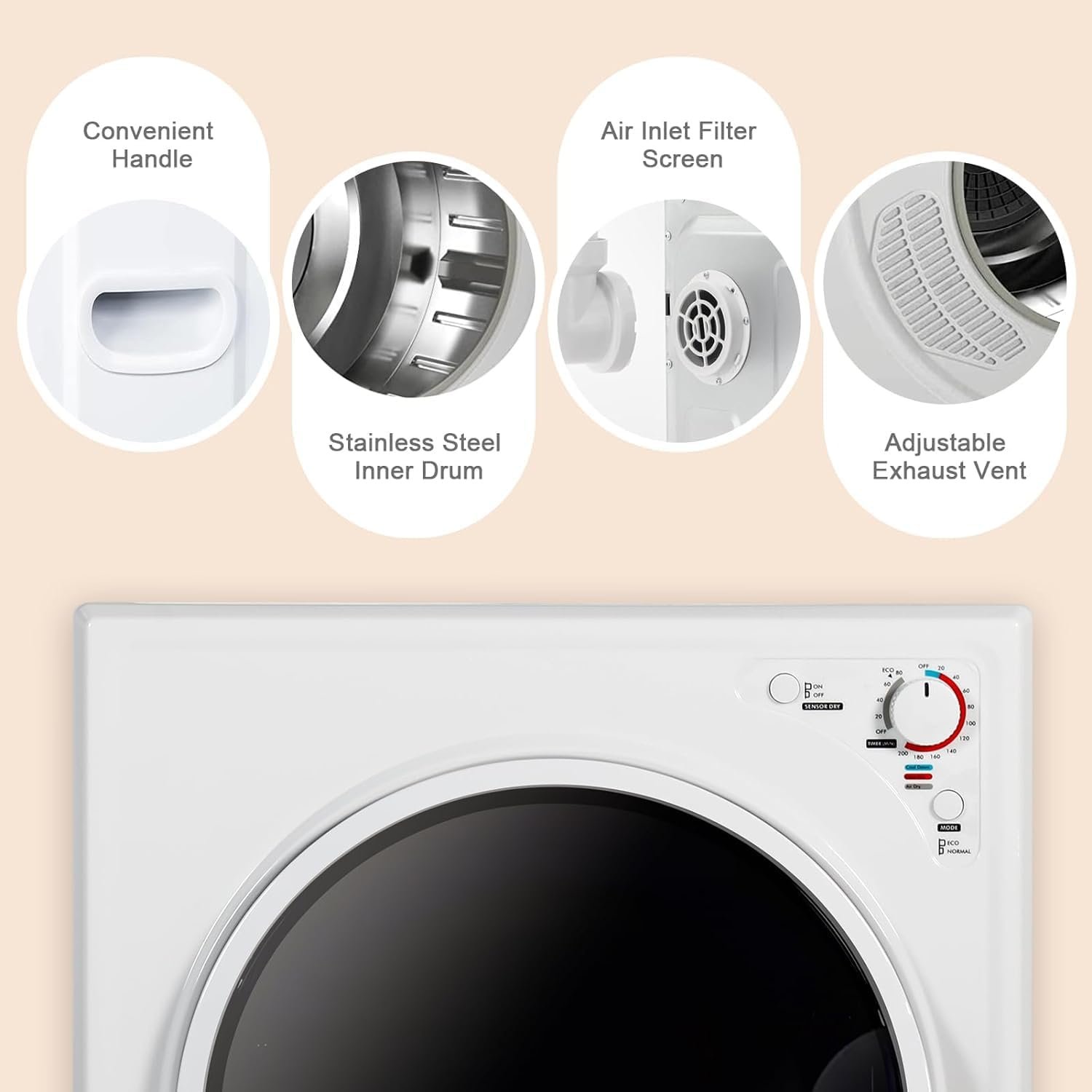 Elevon Compact Laundry Dryer, 2.6 cu ft Front Load Stainless Steel Clothes Dryers with Exhaust Pipe, 1400W, Control Panel Four-Function Portable Dryer For Apartments, Home, Dorm, White - Image 6
