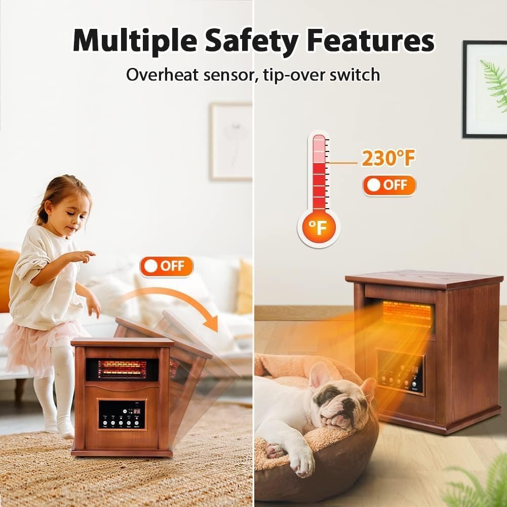 Electric Infrared Space Heater, Quartz Heater for Indoor Use, Tip-Over & Overheat Protection with Remote Control, 3 Heat Settings, 12H Timer, 1500W for Large Room Basement Heating (Light) - Image 3