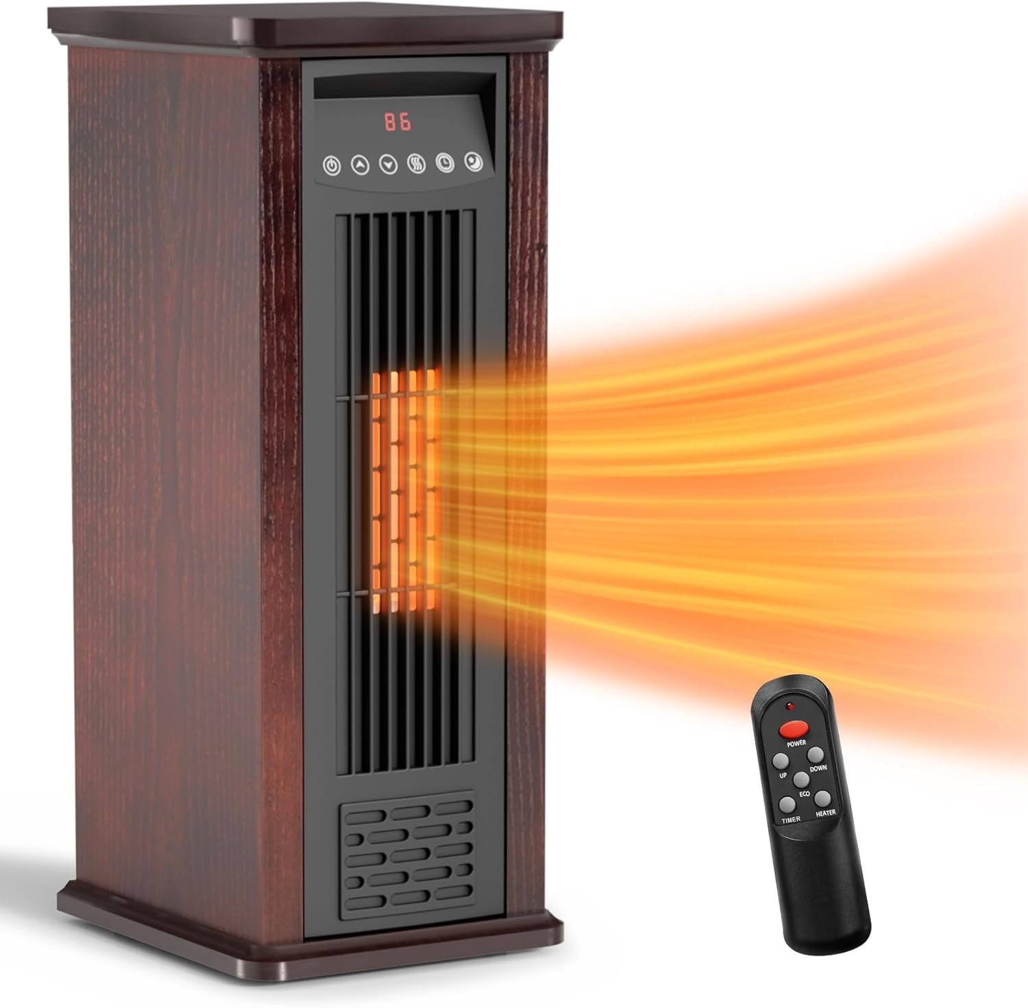 Electric Infrared Space Heater for Indoor Use, 1500W Tower Heater Quartz Heater with Wood Frame, 12H Timer, 3 Heat Settings, Remote Control