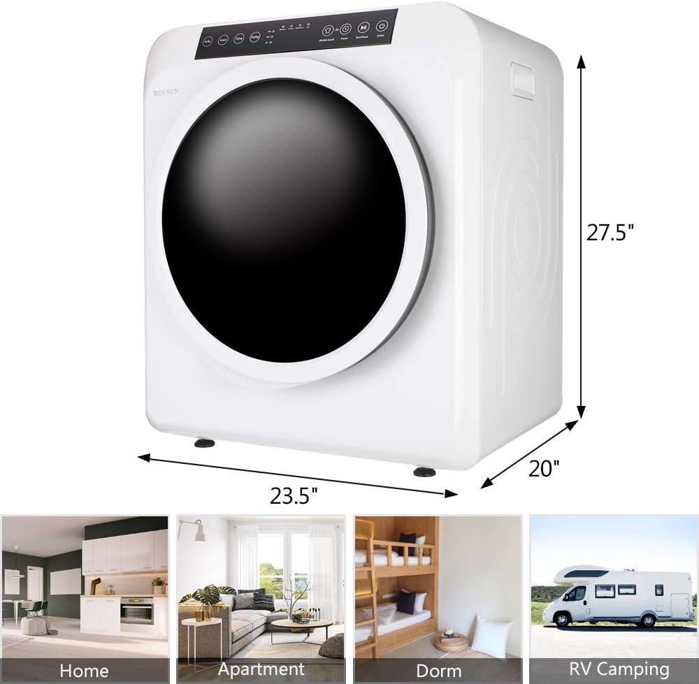ROVSUN 3.5 Cu.Ft Portable Clothes Dryer, High End Front Load Tumble Laundry Dryer with LCD Touch Screen, Stainless Steel Tub for Apartment, Home, Dorm-110V, Classic White - Image 8