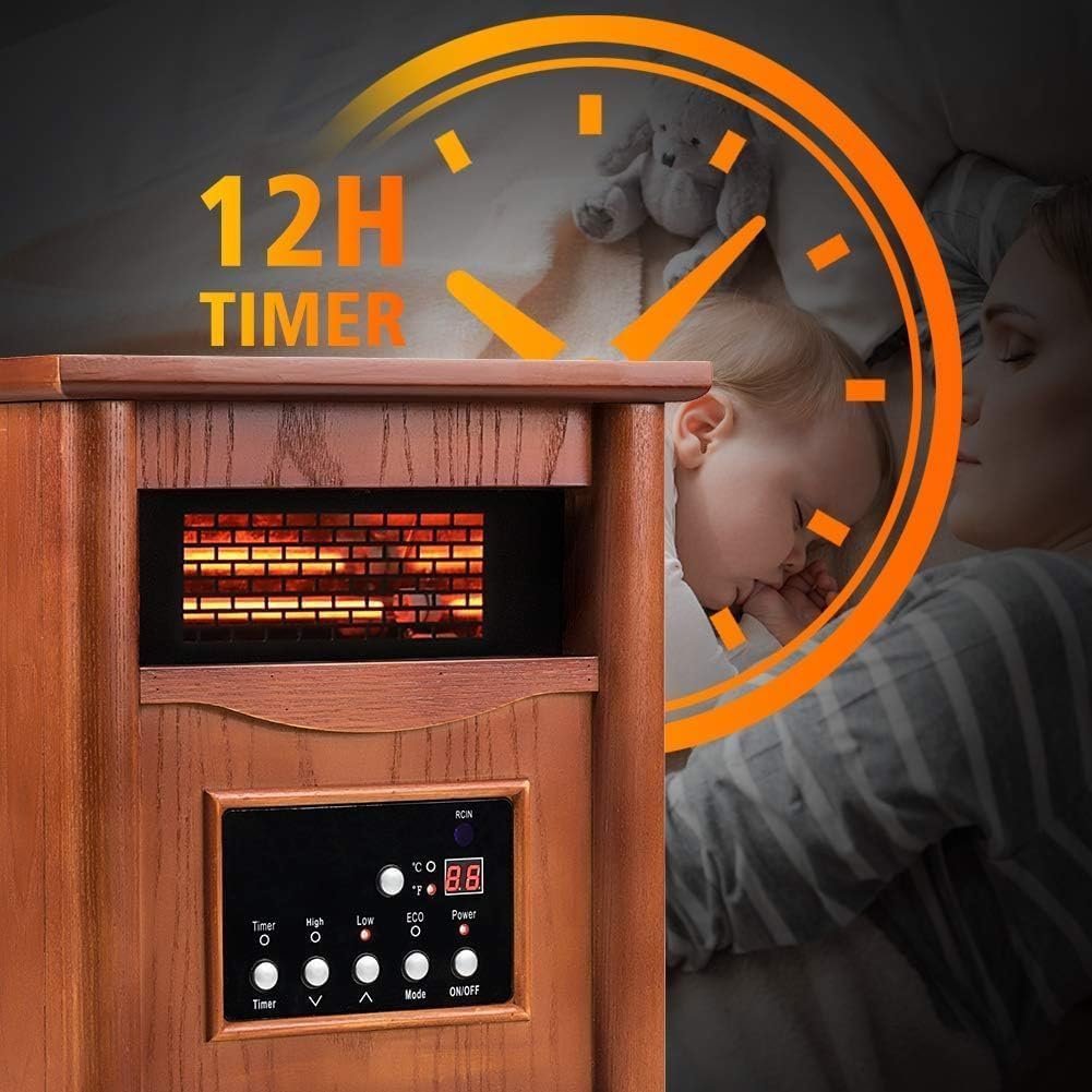 Electric Infrared Space Heater, Quartz Heater for Indoor Use, Tip-Over & Overheat Protection with Remote Control, 3 Heat Settings, 12H Timer, 1500W for Large Room Basement Heating (Light) - Image 4