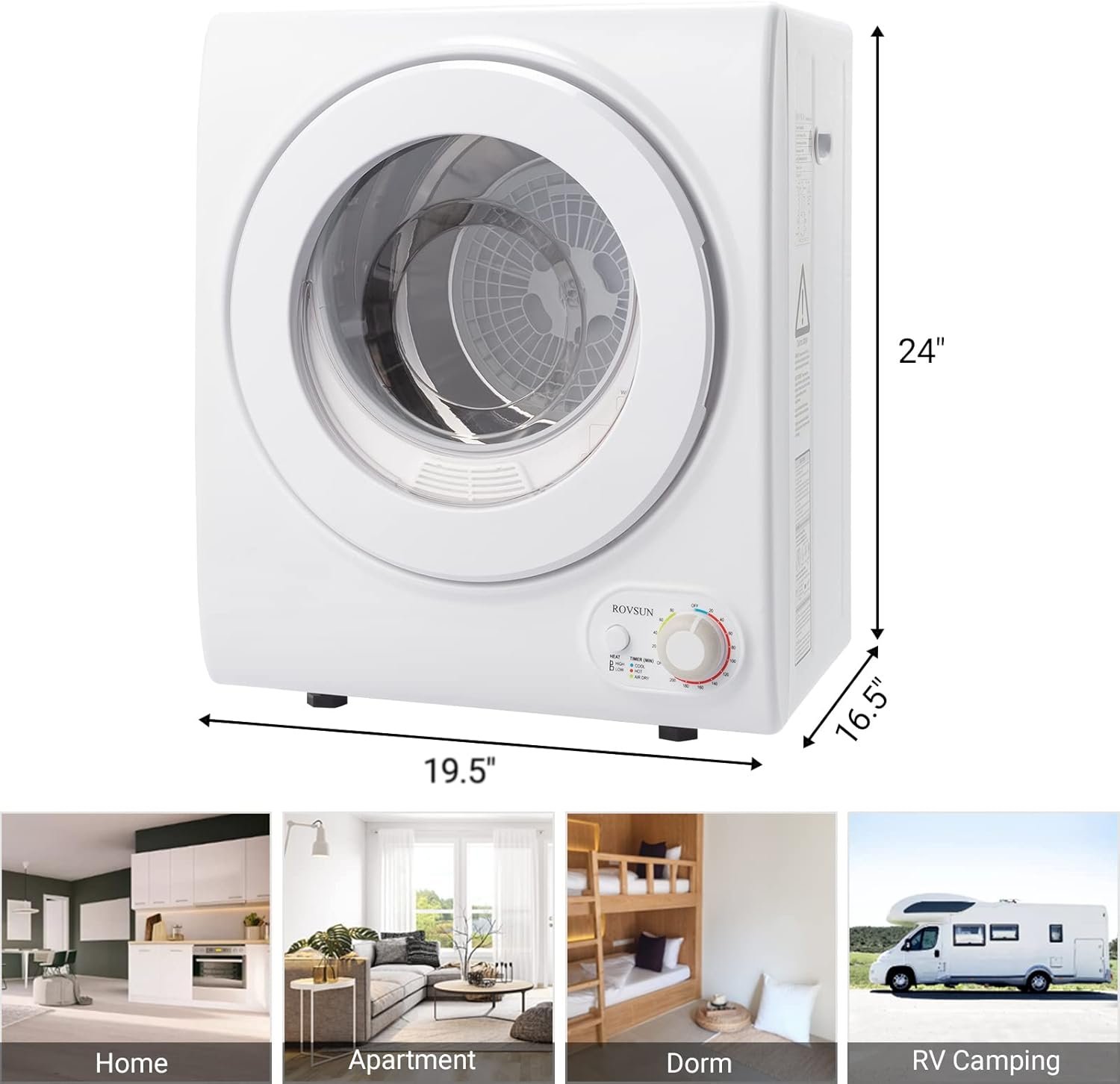 ROVSUN 110V Portable Clothes Dryer, High End Laundry Front Load Tumble Dryer Machine with Stainless Steel Tub & Simple Control Knob for Apartment, Dorm-850W, White - Image 6