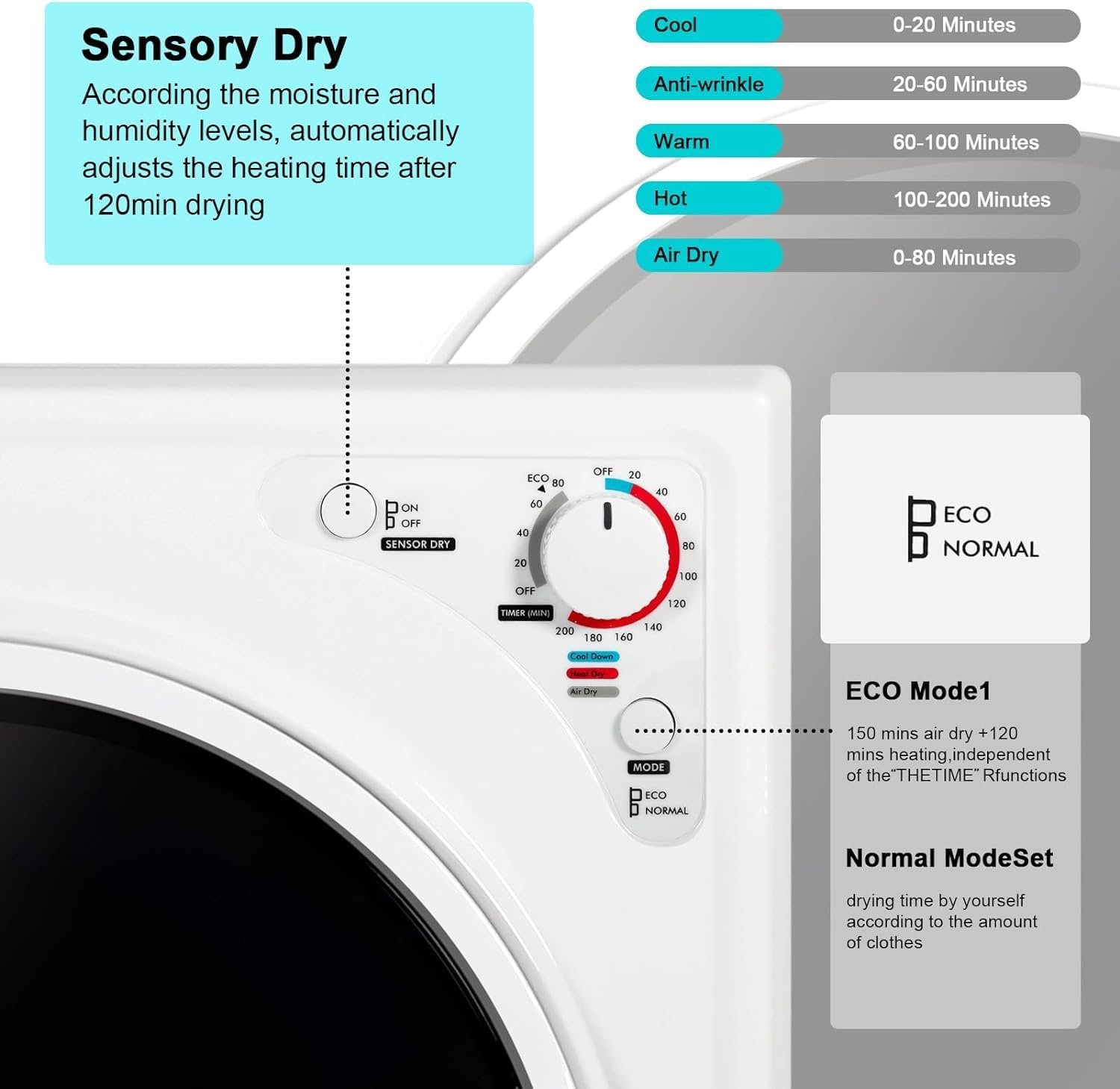 Elevon Compact Laundry Dryer, 2.6 cu ft Front Load Stainless Steel Clothes Dryers with Exhaust Pipe, 1400W, Control Panel Four-Function Portable Dryer For Apartments, Home, Dorm, White - Image 5