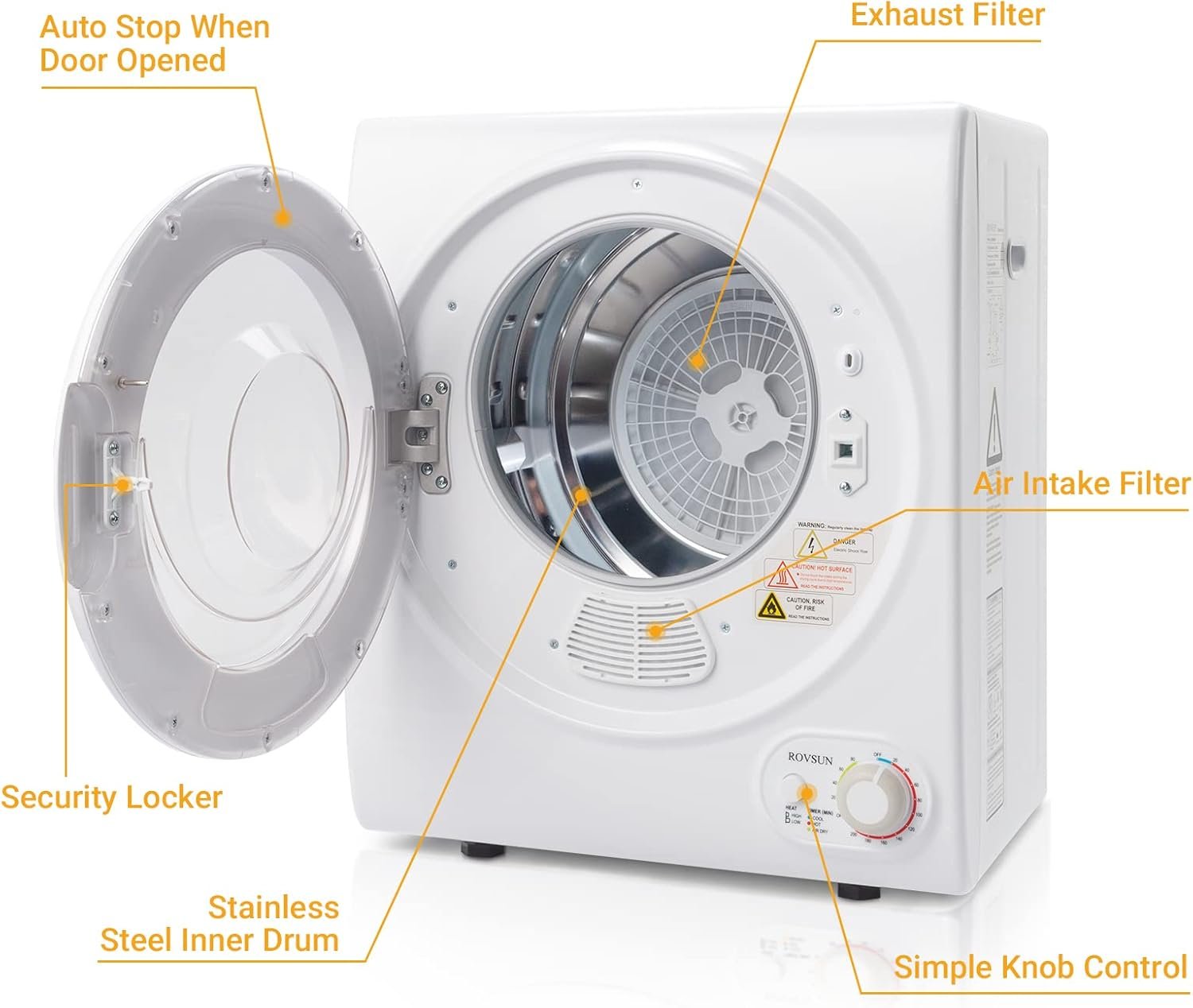 ROVSUN 110V Portable Clothes Dryer, High End Laundry Front Load Tumble Dryer Machine with Stainless Steel Tub & Simple Control Knob for Apartment, Dorm-850W, White - Image 5