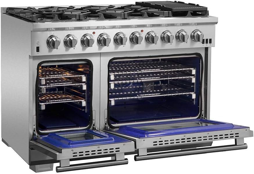 FORNO Capriasca Full Gas 48" Inch. Freestanding Range with 8 Sealed Burners Cooktop - 6.58 Cu.Ft. Double Gas Convection Oven Capacity, Stainless Steel Heavy Duty Cast Iron Grates.