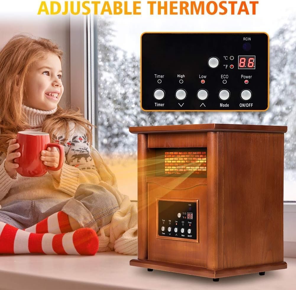 Electric Infrared Space Heater, Quartz Heater for Indoor Use, Tip-Over & Overheat Protection with Remote Control, 3 Heat Settings, 12H Timer, 1500W for Large Room Basement Heating (Light) - Image 6