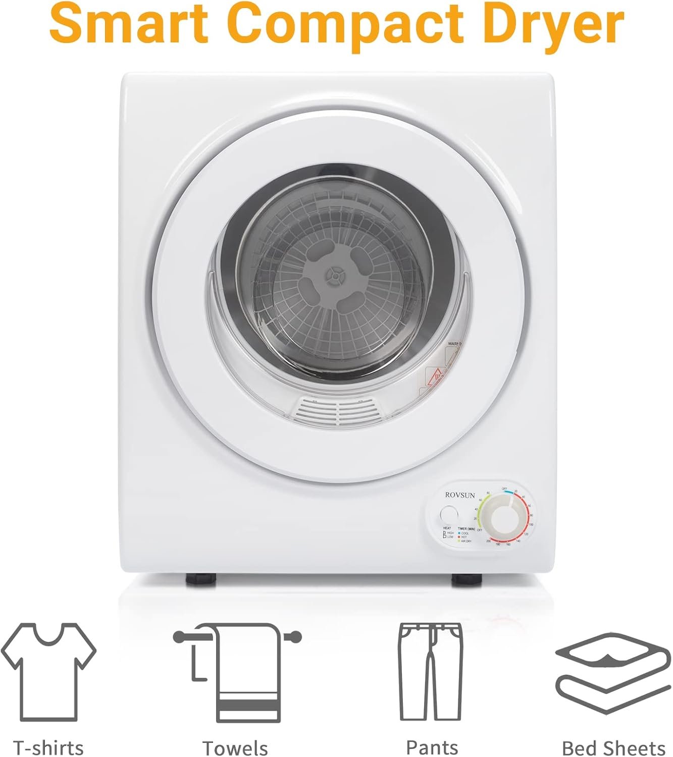 ROVSUN 110V Portable Clothes Dryer, High End Laundry Front Load Tumble Dryer Machine with Stainless Steel Tub & Simple Control Knob for Apartment, Dorm-850W, White - Image 3