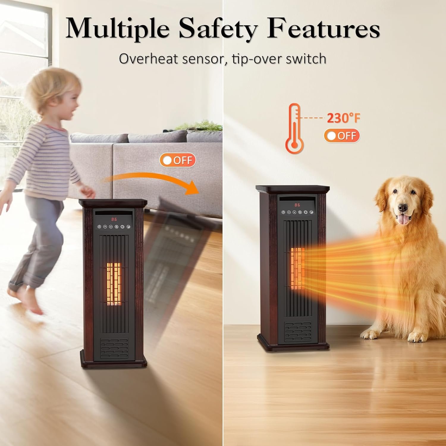 Electric Infrared Space Heater for Indoor Use, 1500W Tower Heater Quartz Heater with Wood Frame, 12H Timer, 3 Heat Settings, Remote Control - Image 6