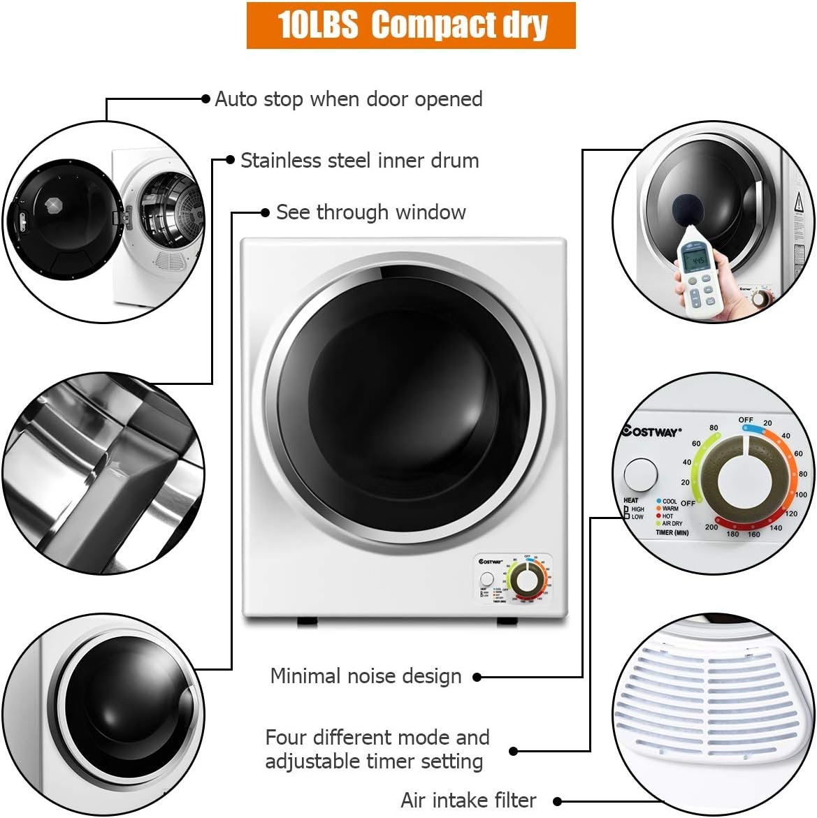 COSTWAY 1.5 cu. ft Electric Tumble Dryer, Portable Dryer w/ 4 Automatic Drying Modes, Compact Clothes Dryer w/ Stainless Steel Tub & Easy Control Panel, Apply for Apartments, Dorm, RVs, Sliver - Image 10