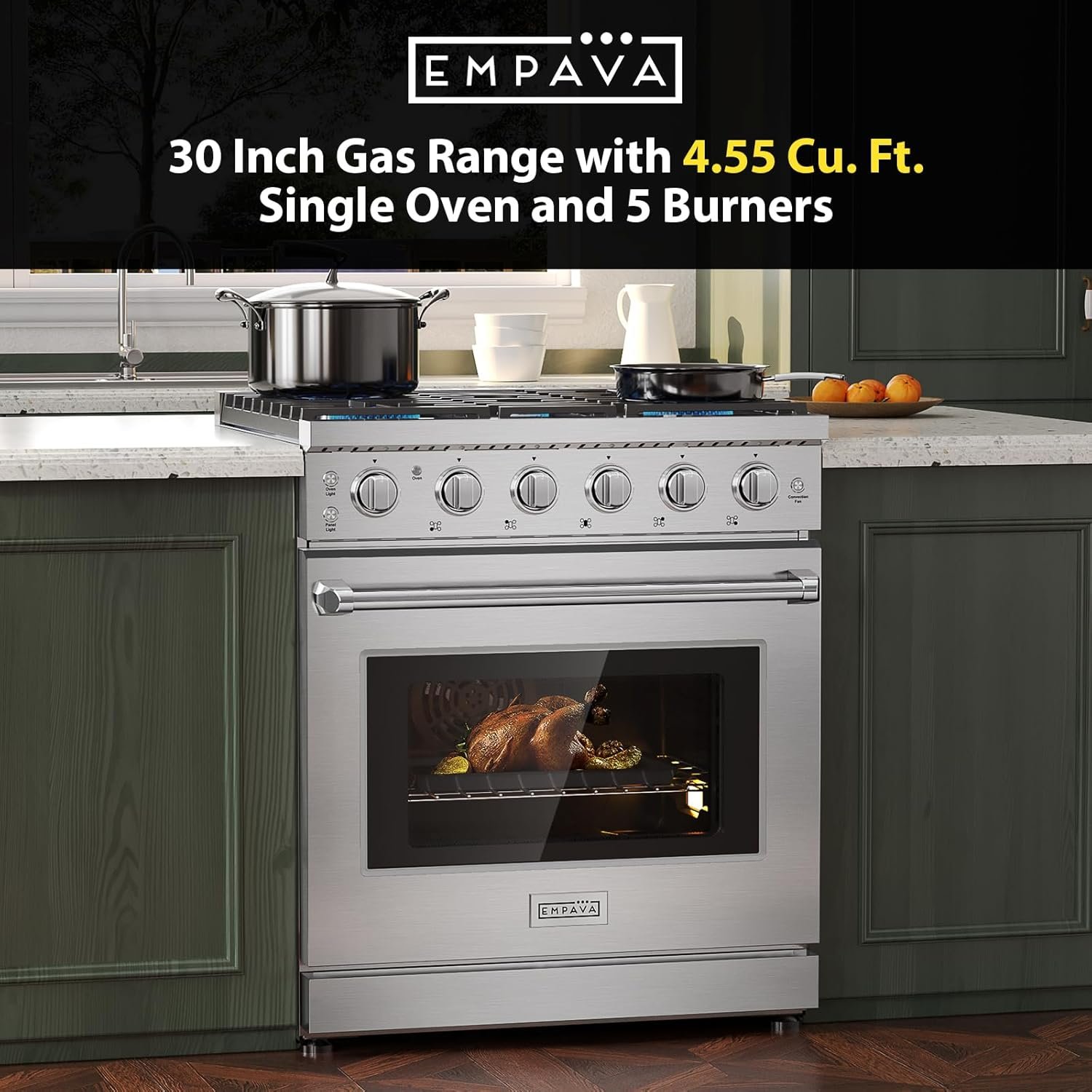 Empava Gas Range,True Convection Oven 4.55 Cu. Ft, 5 Deep Recessed Burners Cooktop, Heavy Duty Continuous Grates in Stainless Steel with Storage Drawer, Freestanding & Slide-in,30 Inch - Image 5