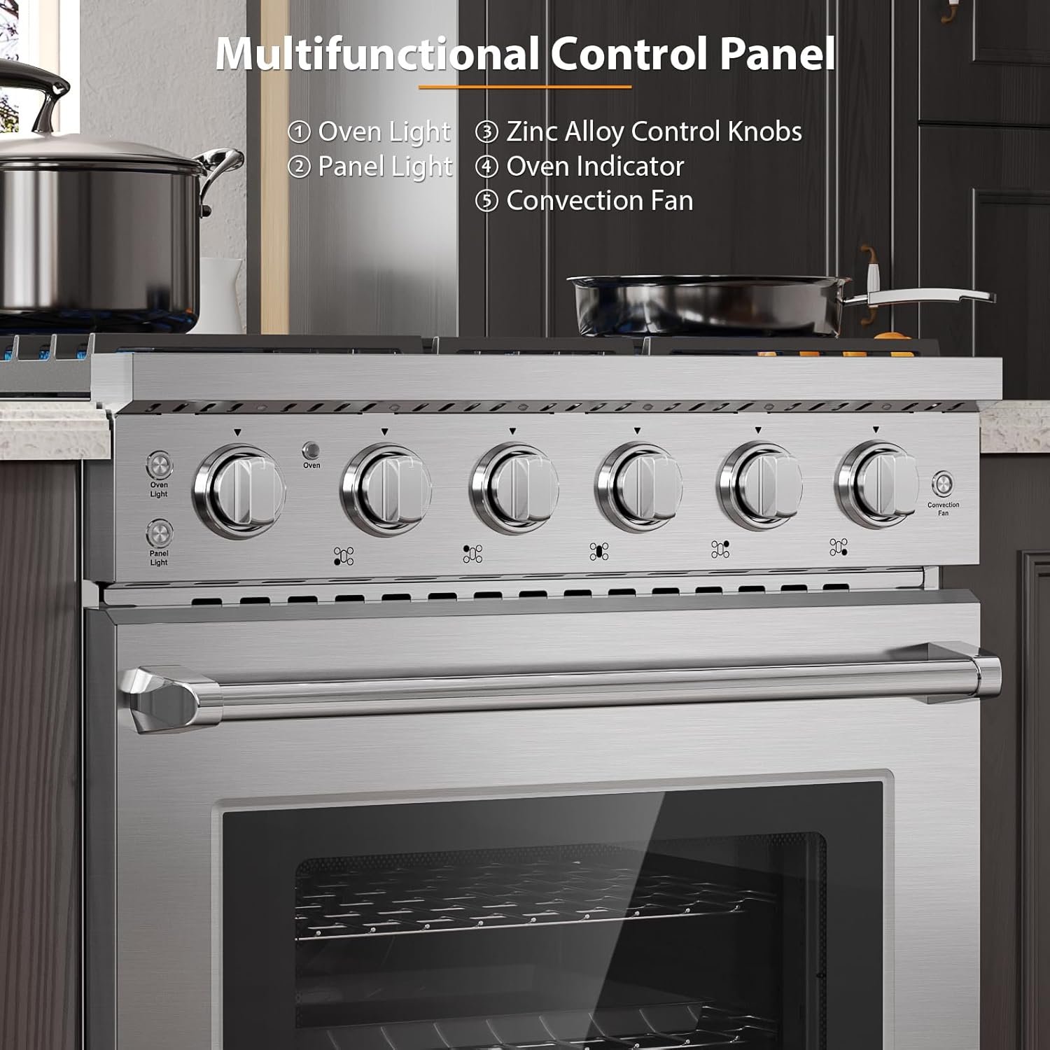 Empava Gas Range,True Convection Oven 4.55 Cu. Ft, 5 Deep Recessed Burners Cooktop, Heavy Duty Continuous Grates in Stainless Steel with Storage Drawer, Freestanding & Slide-in,30 Inch - Image 2