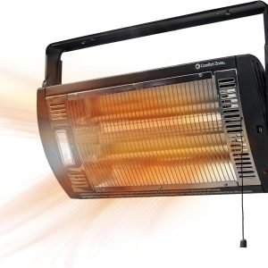 Comfort Zone Ceiling Mounted Space Heater, 90 Degree Adjustable Tilt, Dual Quartz, Radiant, Electric, Safety Grille, Overheat Protection, Hardware Included, Ideal for Workshop, Garage, 1,500W, CZQTV5M