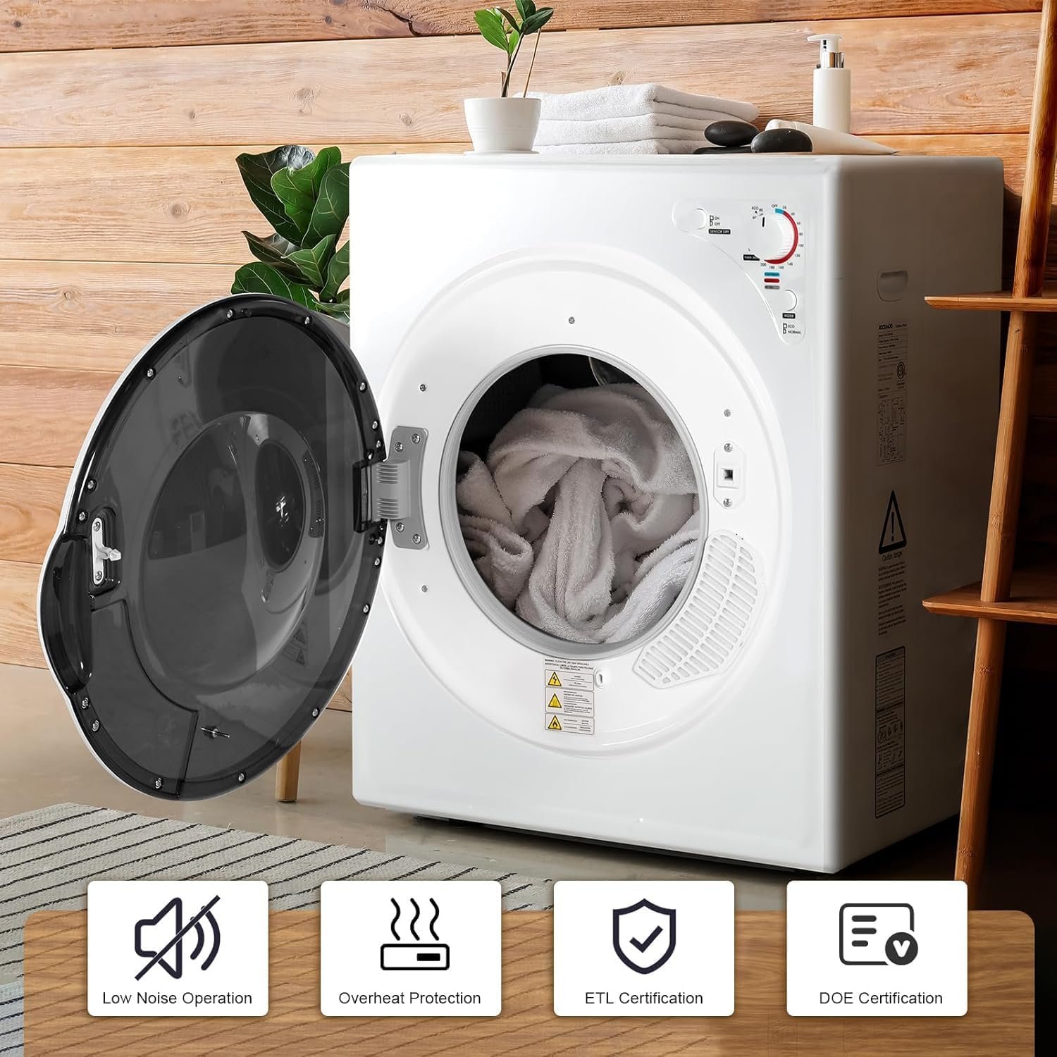 Elevon Compact Laundry Dryer, 2.6 cu ft Front Load Stainless Steel Clothes Dryers with Exhaust Pipe, 1400W, Control Panel Four-Function Portable Dryer For Apartments, Home, Dorm, White - Image 7