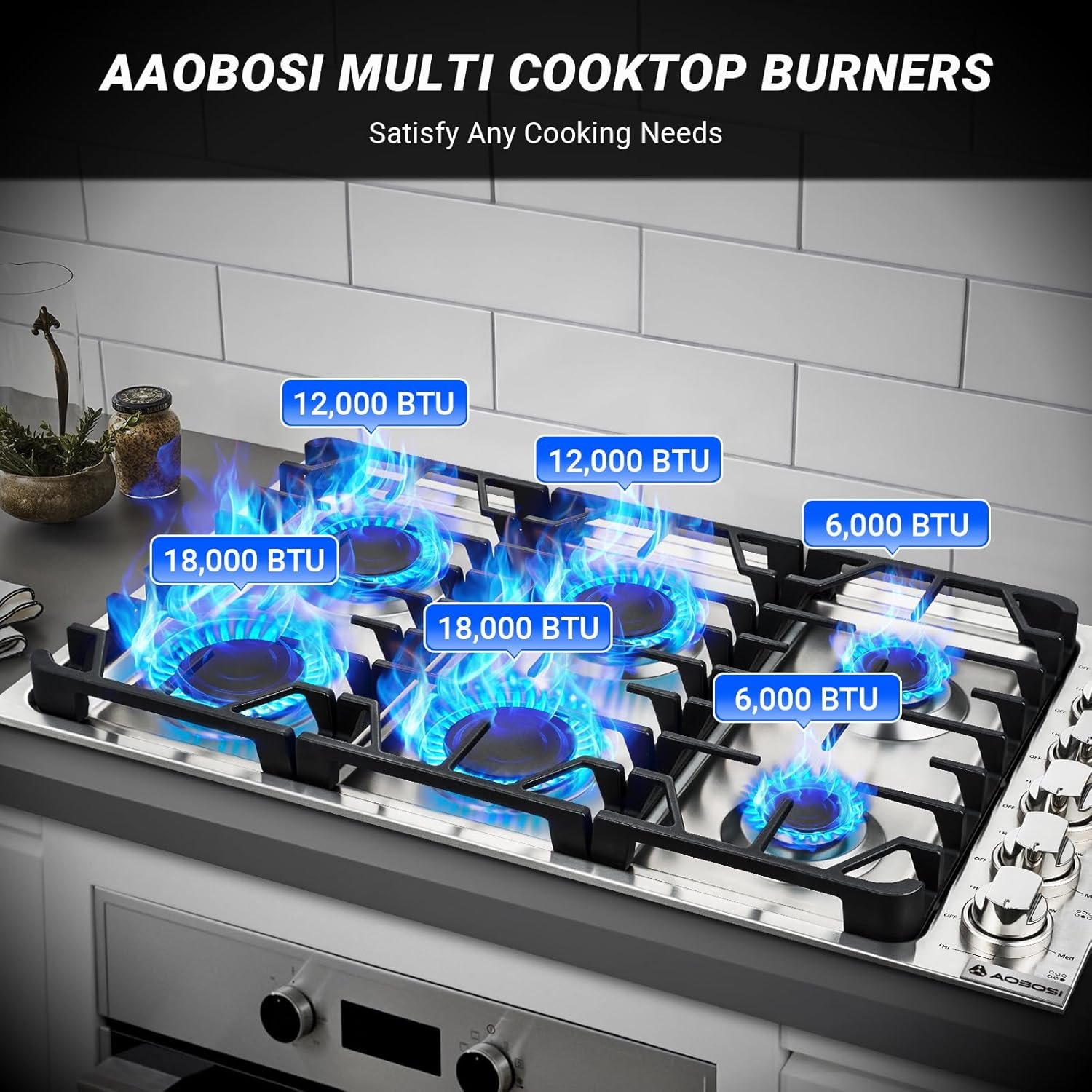 AAOBOSI 36 inch Gas Cooktop, Gas Stovetop with 72,000 BTUs 6 Burners Propane Cooktop, NG/LPG Convertible, Cast Iron Grates Stainless Steel, Ideal Gas Stoves for RV, Kitchen, Home - Image 3