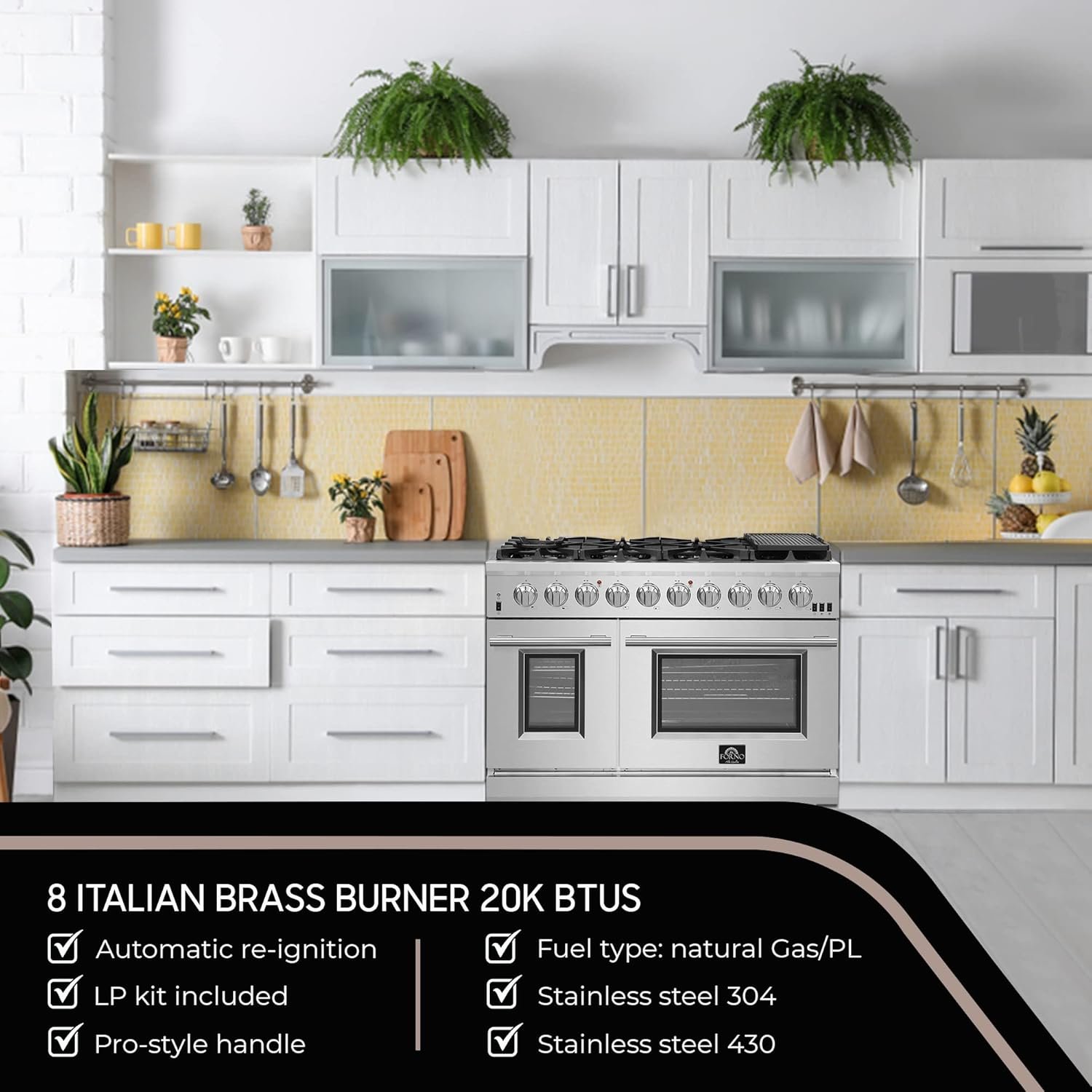 FORNO Capriasca Full Gas 48" Inch. Freestanding Range with 8 Sealed Burners Cooktop - 6.58 Cu.Ft. Double Gas Convection Oven Capacity, Stainless Steel Heavy Duty Cast Iron Grates. - Image 6