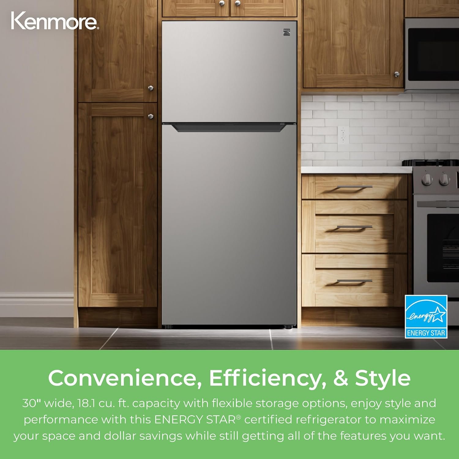 Kenmore 4661345 30" W Top Freezer Refrigerator with Adjustable Glass Shelving, Humidity Control Crispers, Quiet and Energy Efficient Inverter Compressor, Fingerprint Resistant Metallic Steel - Image 5