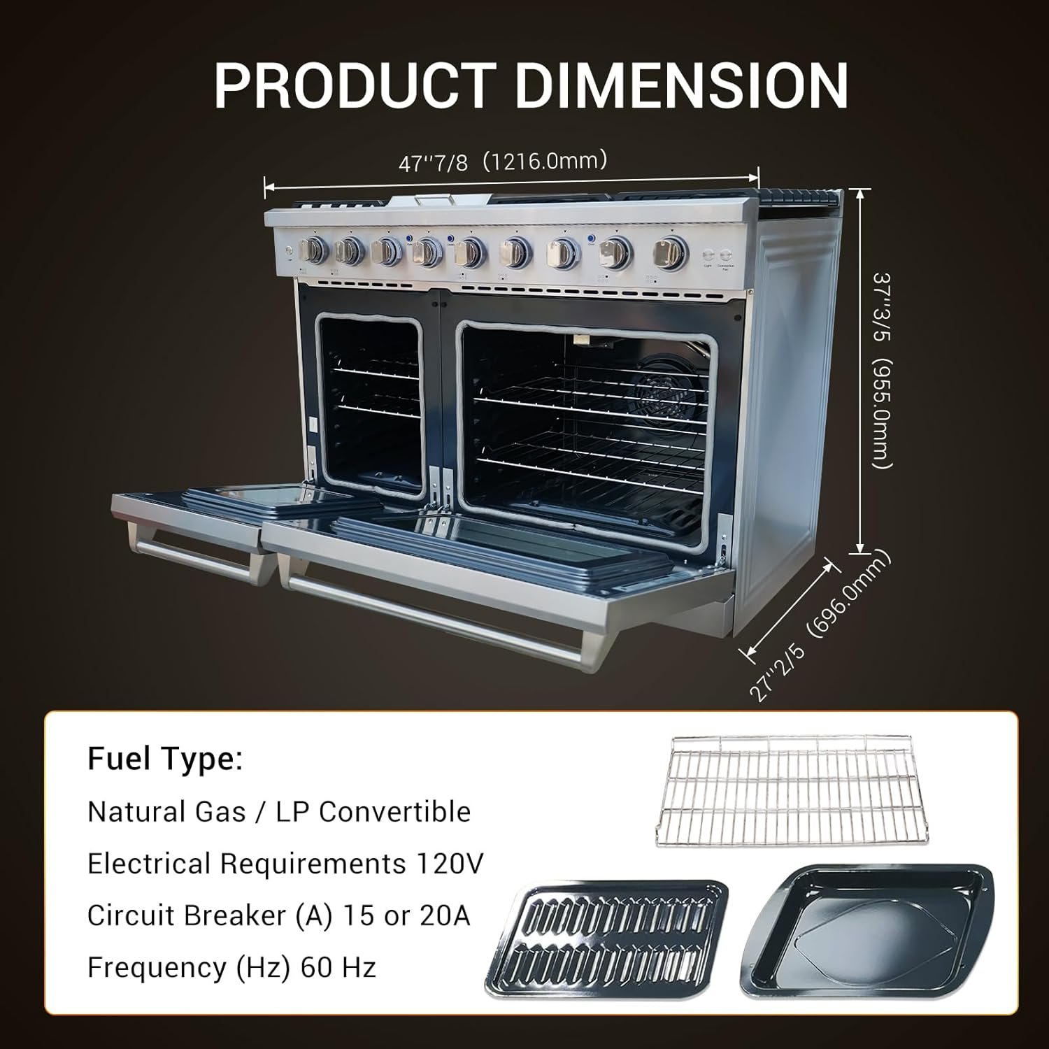 Sinda 48" Gas Range Freestanding Range with 7.0 cu.ft Convection Oven 6 Burners Cast Iron Grates Convections Two Porcelain Oven Racks Natural Gas/LP Convertible - Image 4