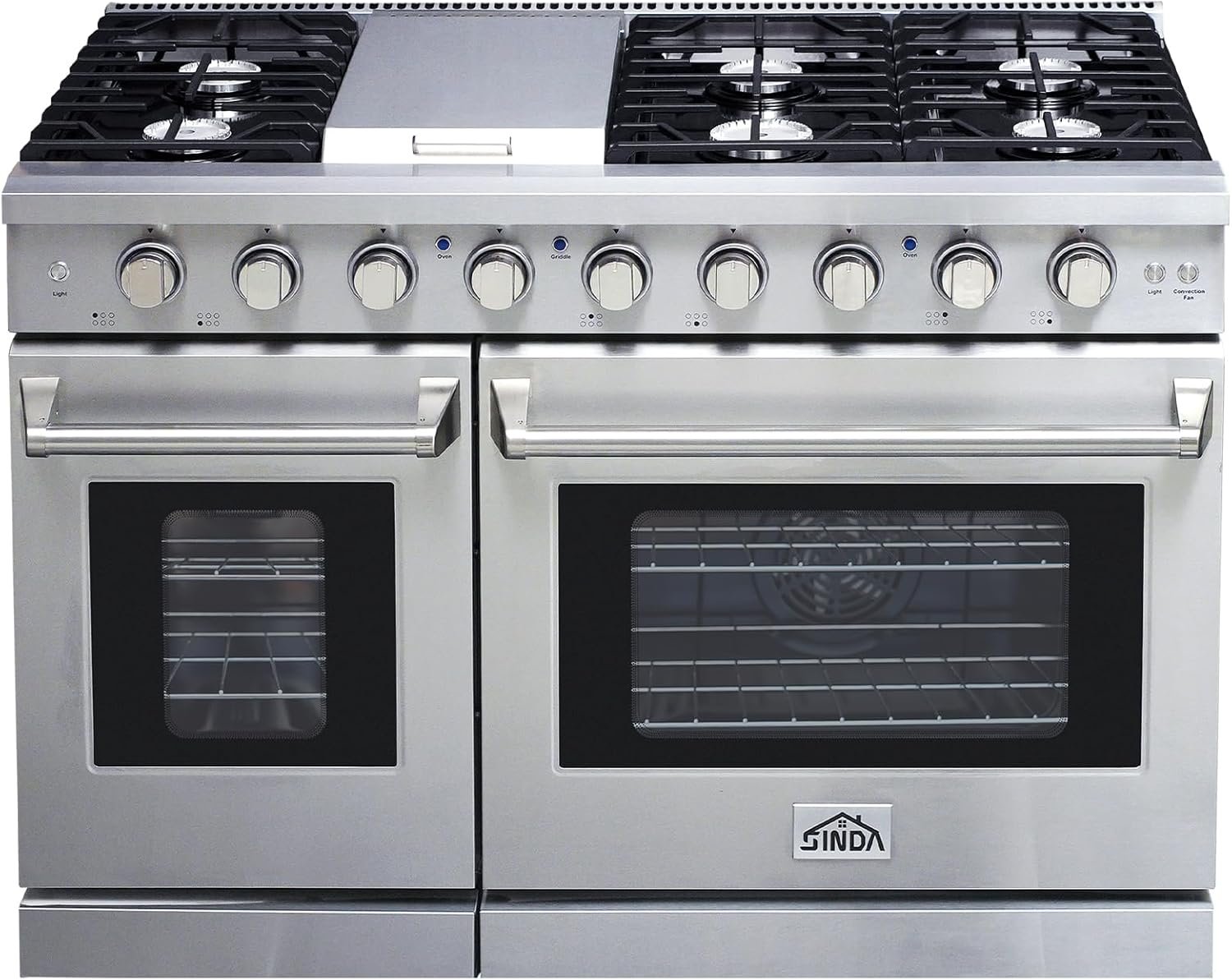 Sinda 48" Gas Range Freestanding Range with 7.0 cu.ft Convection Oven 6 Burners Cast Iron Grates Convections Two Porcelain Oven Racks Natural Gas/LP Convertible