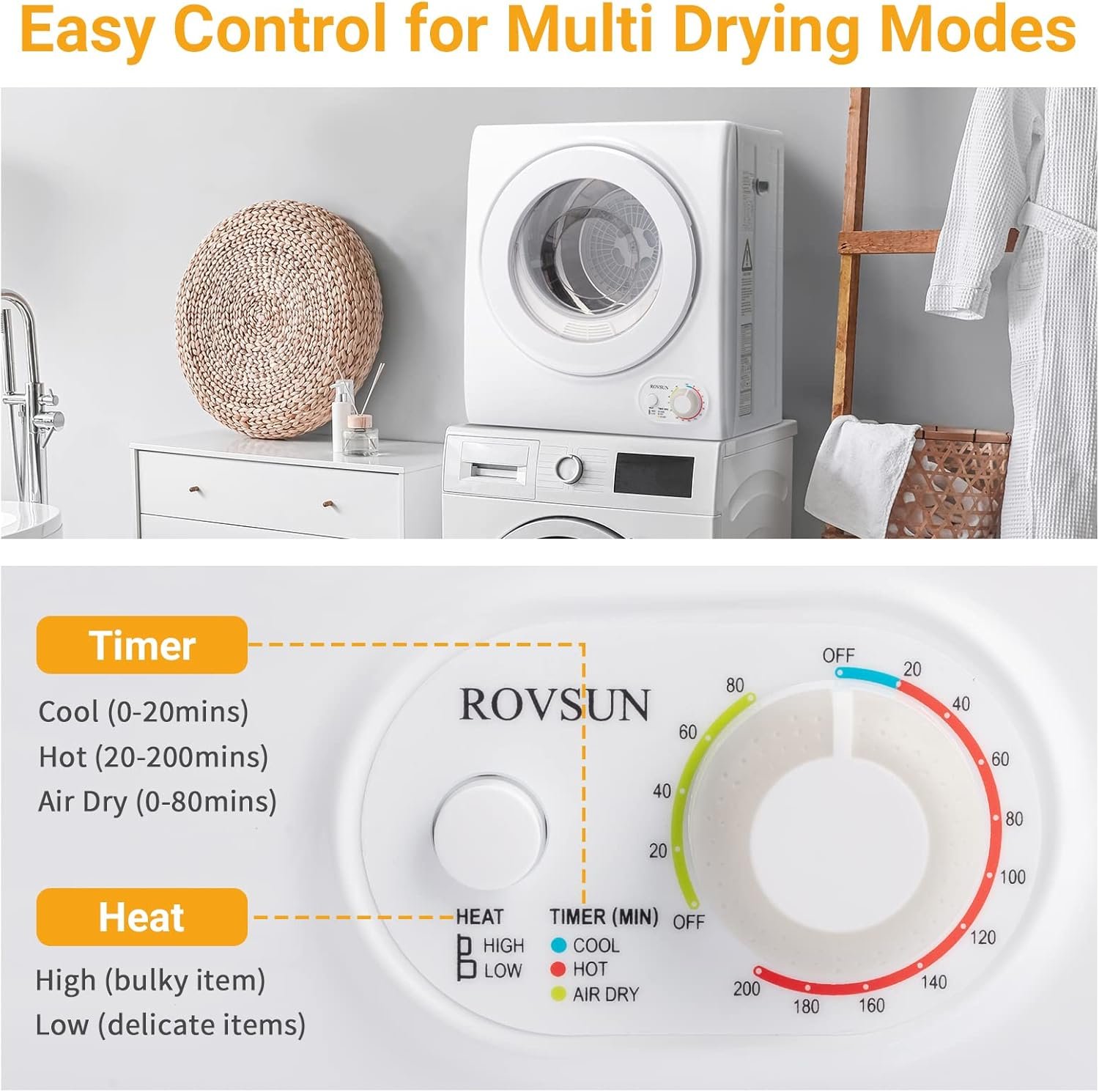 ROVSUN 110V Portable Clothes Dryer, High End Laundry Front Load Tumble Dryer Machine with Stainless Steel Tub & Simple Control Knob for Apartment, Dorm-850W, White - Image 4