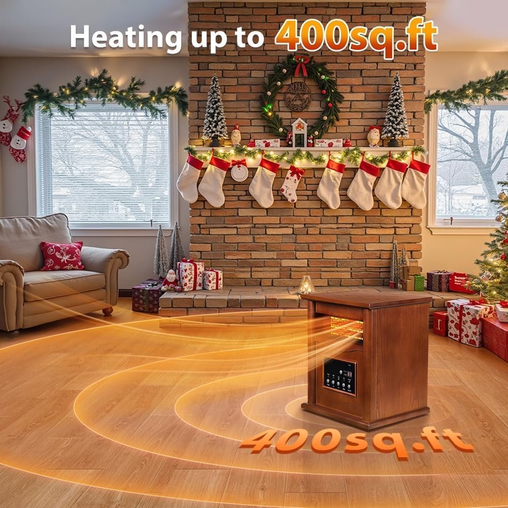 Electric Infrared Space Heater, Quartz Heater for Indoor Use, Tip-Over & Overheat Protection with Remote Control, 3 Heat Settings, 12H Timer, 1500W for Large Room Basement Heating (Light) - Image 2