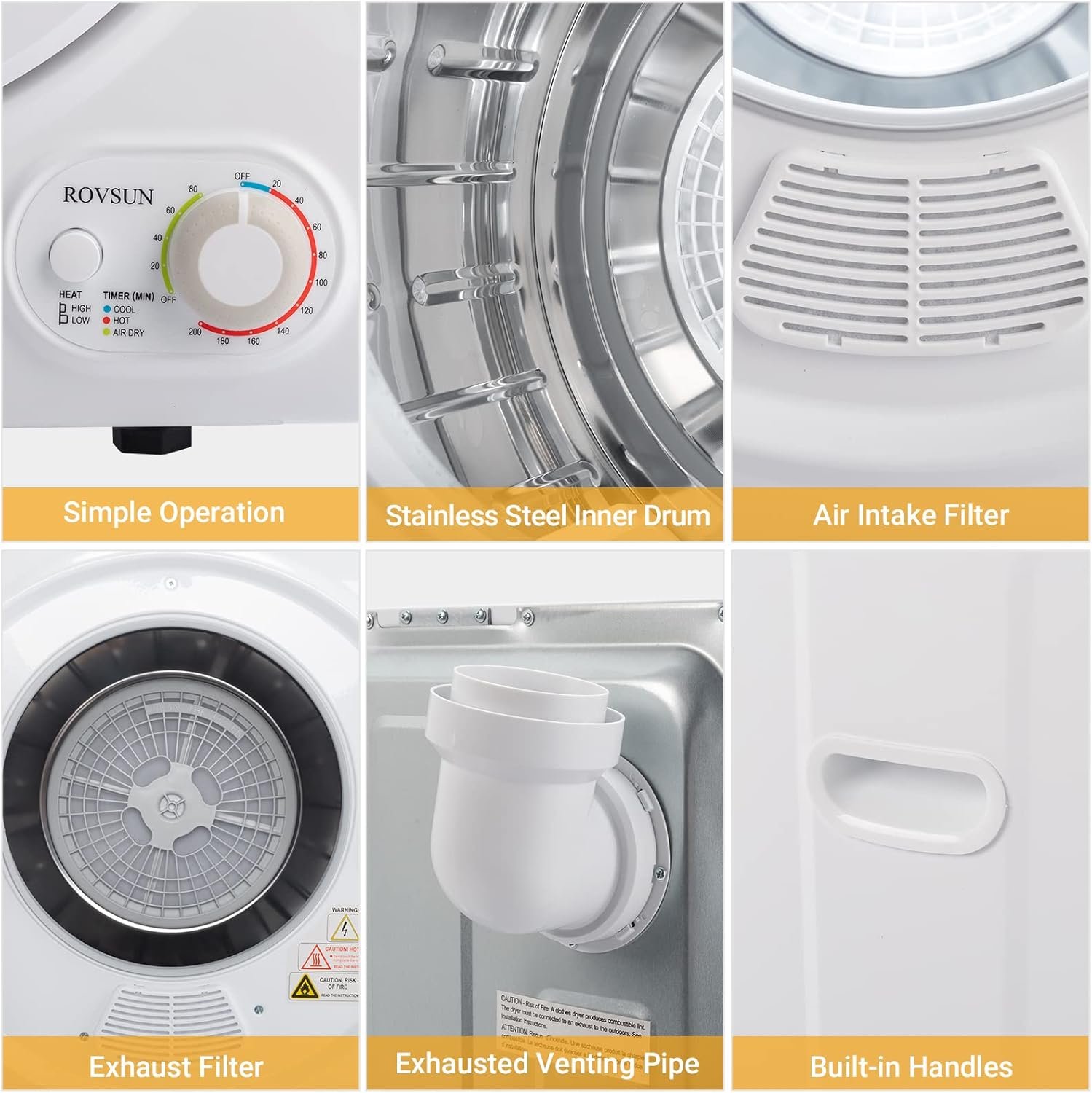 ROVSUN 110V Portable Clothes Dryer, High End Laundry Front Load Tumble Dryer Machine with Stainless Steel Tub & Simple Control Knob for Apartment, Dorm-850W, White - Image 7