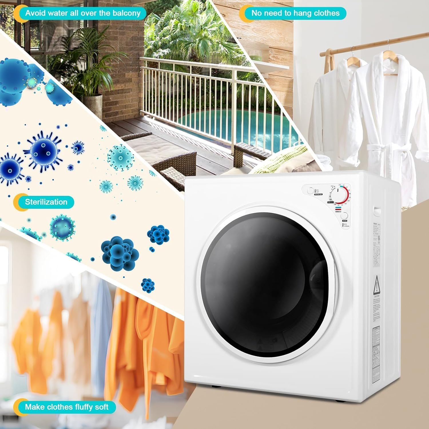 Elevon Compact Laundry Dryer, 2.6 cu ft Front Load Stainless Steel Clothes Dryers with Exhaust Pipe, 1400W, Control Panel Four-Function Portable Dryer For Apartments, Home, Dorm, White - Image 8