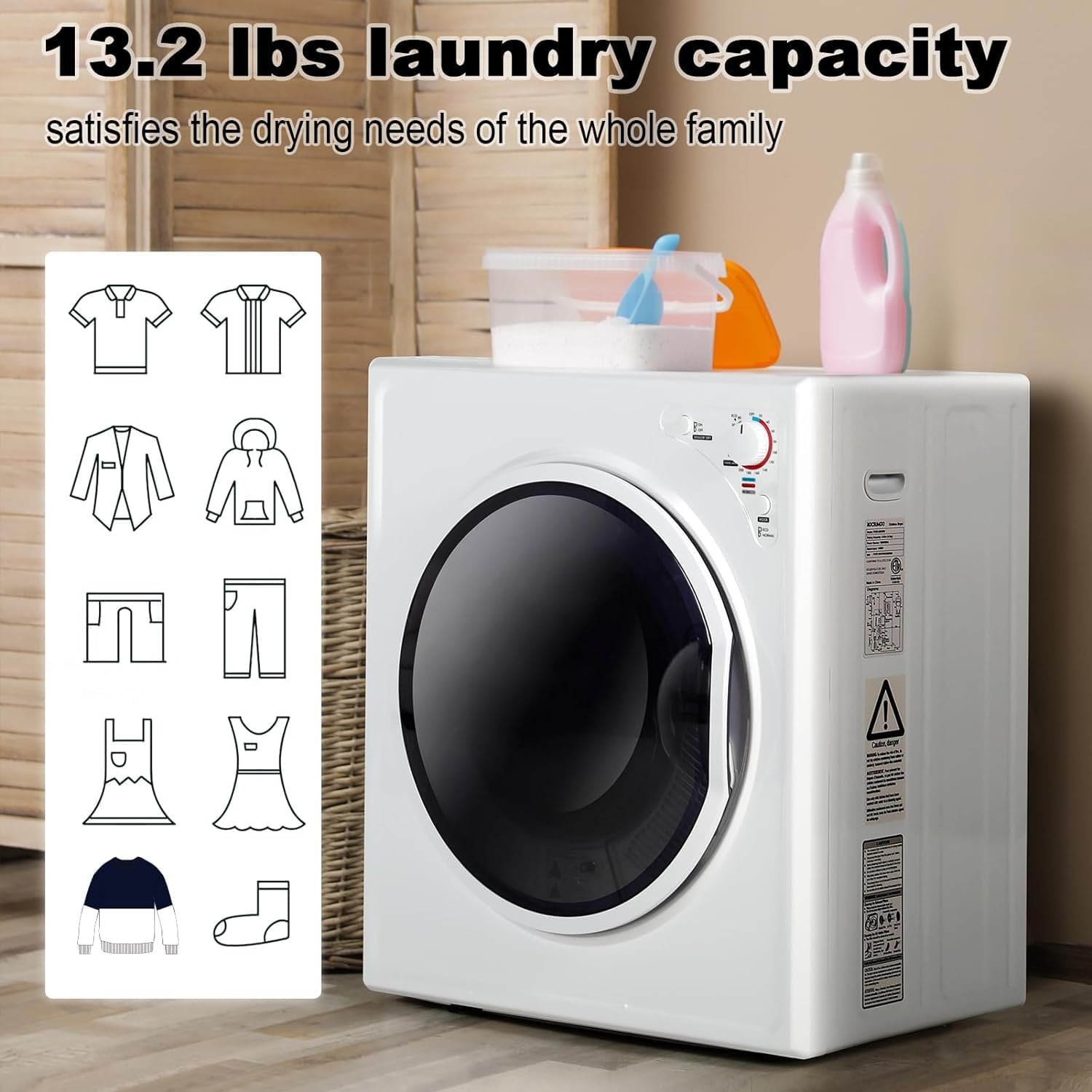 Elevon Compact Laundry Dryer, 2.6 cu ft Front Load Stainless Steel Clothes Dryers with Exhaust Pipe, 1400W, Control Panel Four-Function Portable Dryer For Apartments, Home, Dorm, White - Image 2