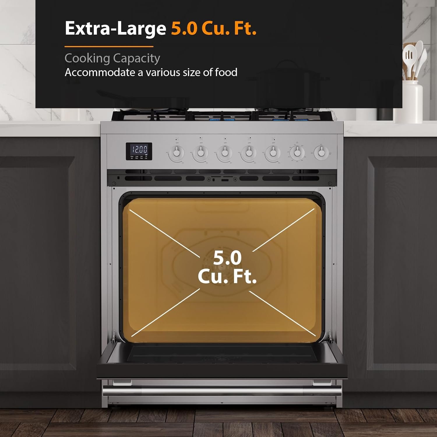 Empava Slide-In & Freestanding Gas Range, 5.0 Cu. Ft, Single Oven with 5 Sealed High-Low Cooktop Burners & Touch Timer, Heavy Duty Continuous Grates in Stainless Steel, 30 Inch - Image 5