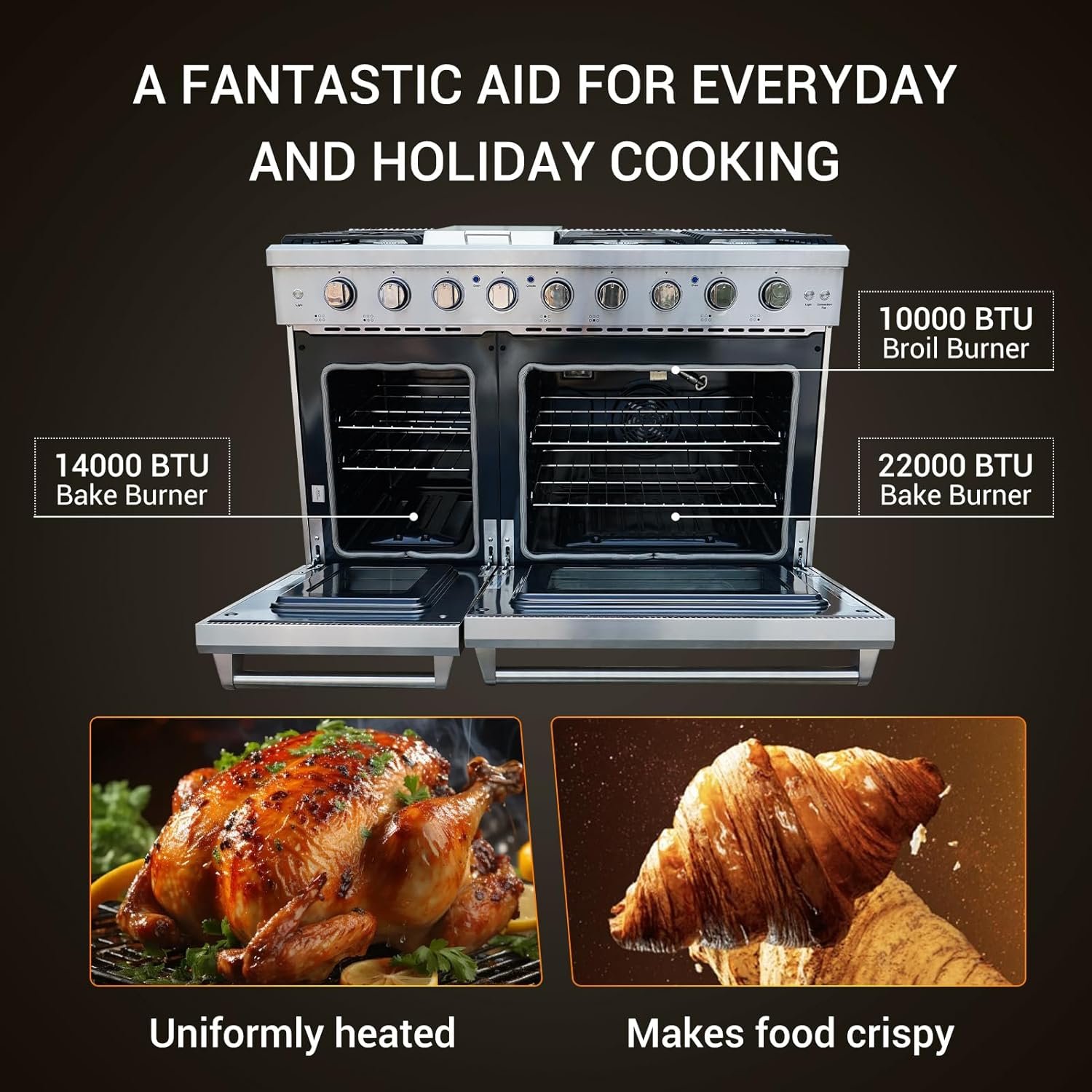 Sinda 48" Gas Range Freestanding Range with 7.0 cu.ft Convection Oven 6 Burners Cast Iron Grates Convections Two Porcelain Oven Racks Natural Gas/LP Convertible - Image 5