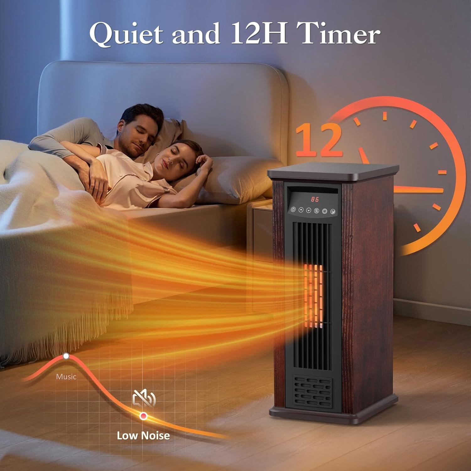 Electric Infrared Space Heater for Indoor Use, 1500W Tower Heater Quartz Heater with Wood Frame, 12H Timer, 3 Heat Settings, Remote Control - Image 5