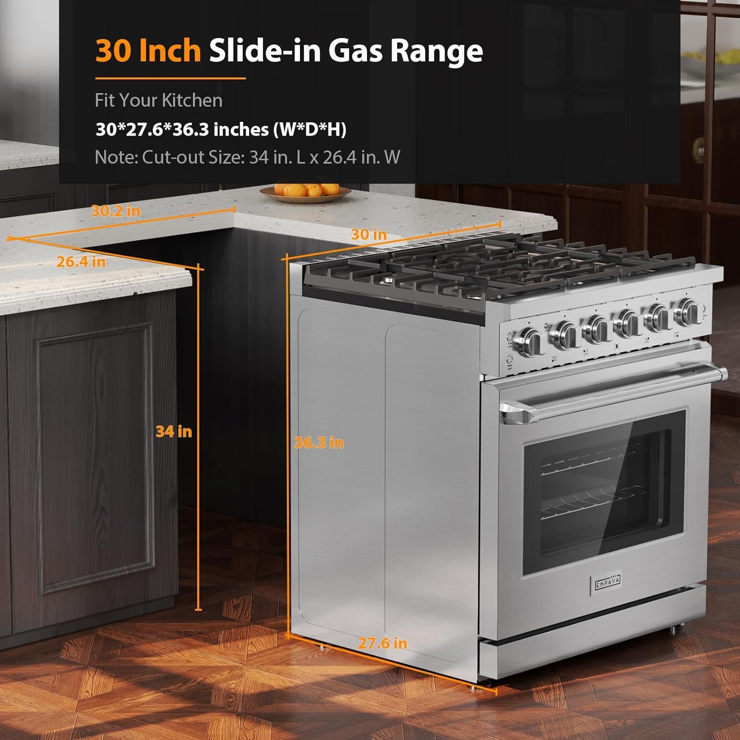 Empava Gas Range,True Convection Oven 4.55 Cu. Ft, 5 Deep Recessed Burners Cooktop, Heavy Duty Continuous Grates in Stainless Steel with Storage Drawer, Freestanding & Slide-in,30 Inch - Image 6