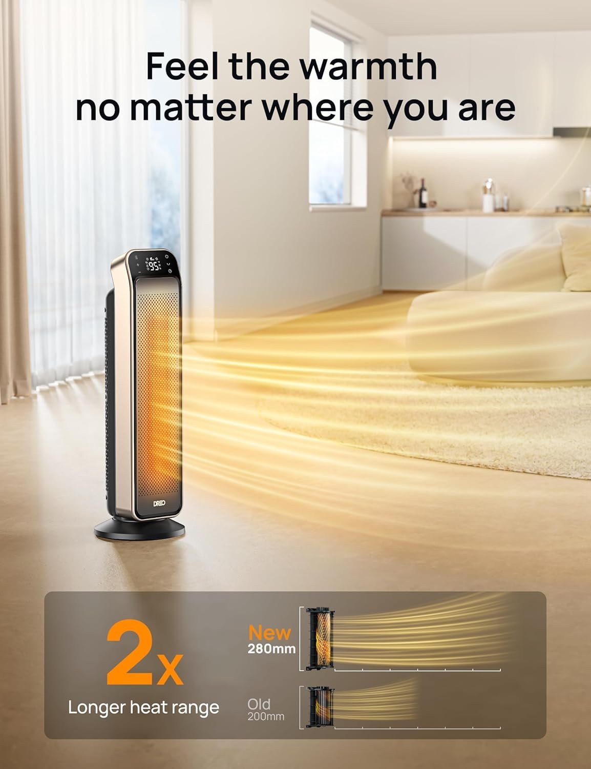 Dreo Space Heater for Indoor Use, 25" 11.5ft/s Fast Electric Heater with Remote and Thermostat, 3 Modes, Overheating & Tip-Over Protection, Portable Heater for Large Room, Bedroom, Office, Gold - Image 3