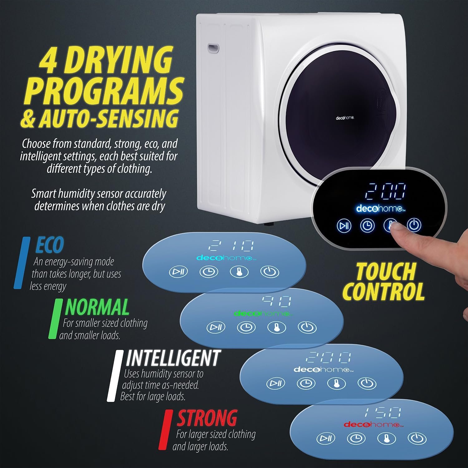 Deco Home 1400W Front Load Laundry Tumble Dryer Machine with Stainless Steel Tub, 4 Drying Programs, Automatic Humidity Sensor, LCD Touch Panel, Exhaust Pipe - Image 2