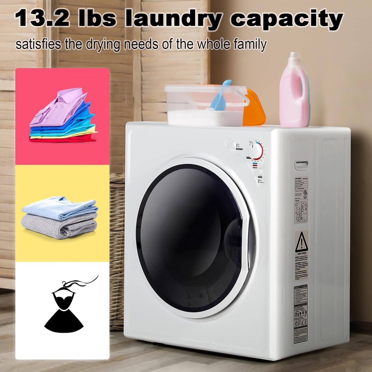 Elevon Compact Laundry Dryer, 2.6 cu ft Front Load Stainless Steel Clothes Dryers with Exhaust Pipe, 1400W, Control Panel Four-Function Portable Dryer For Apartments, Home, Dorm, White - Image 3
