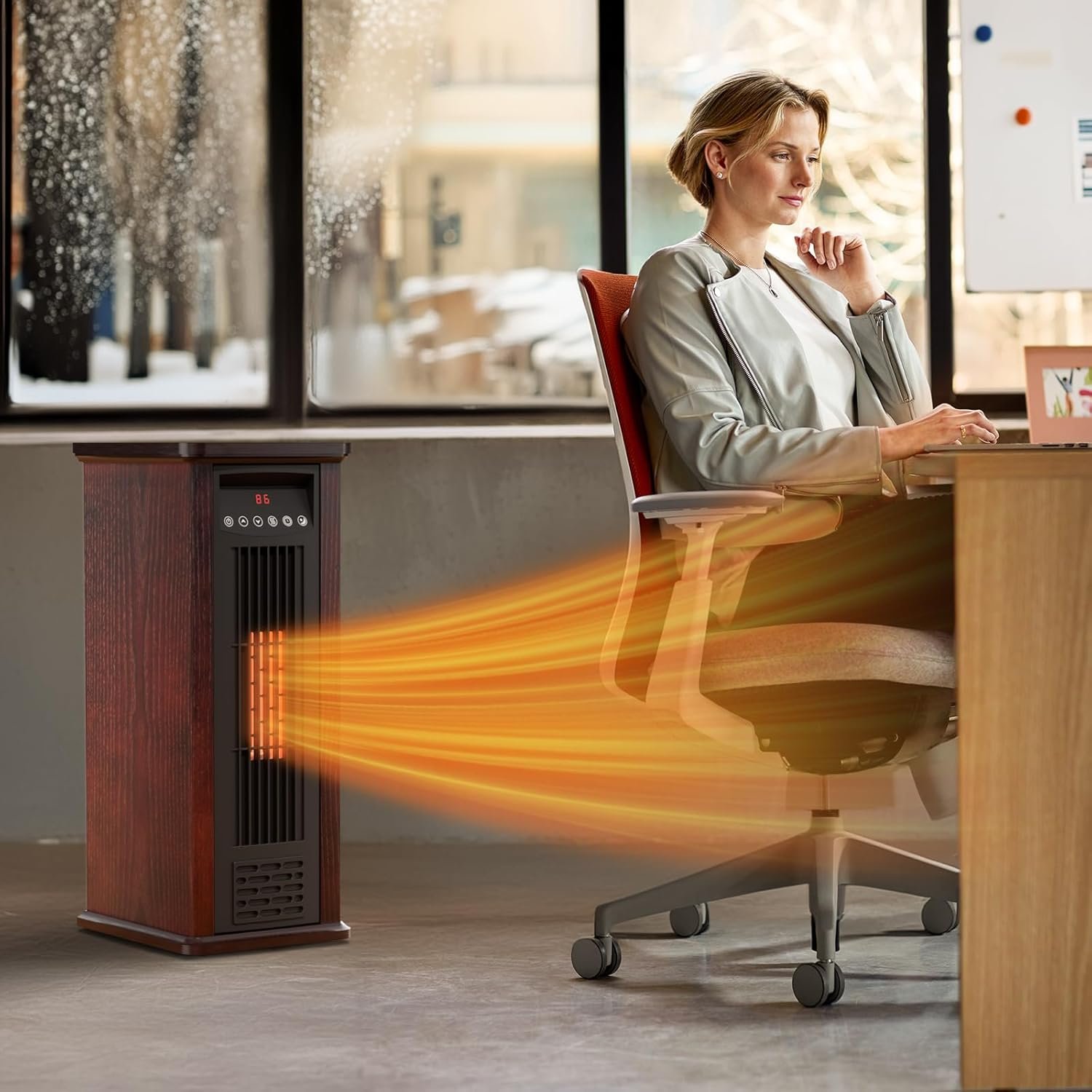Electric Infrared Space Heater for Indoor Use, 1500W Tower Heater Quartz Heater with Wood Frame, 12H Timer, 3 Heat Settings, Remote Control - Image 7