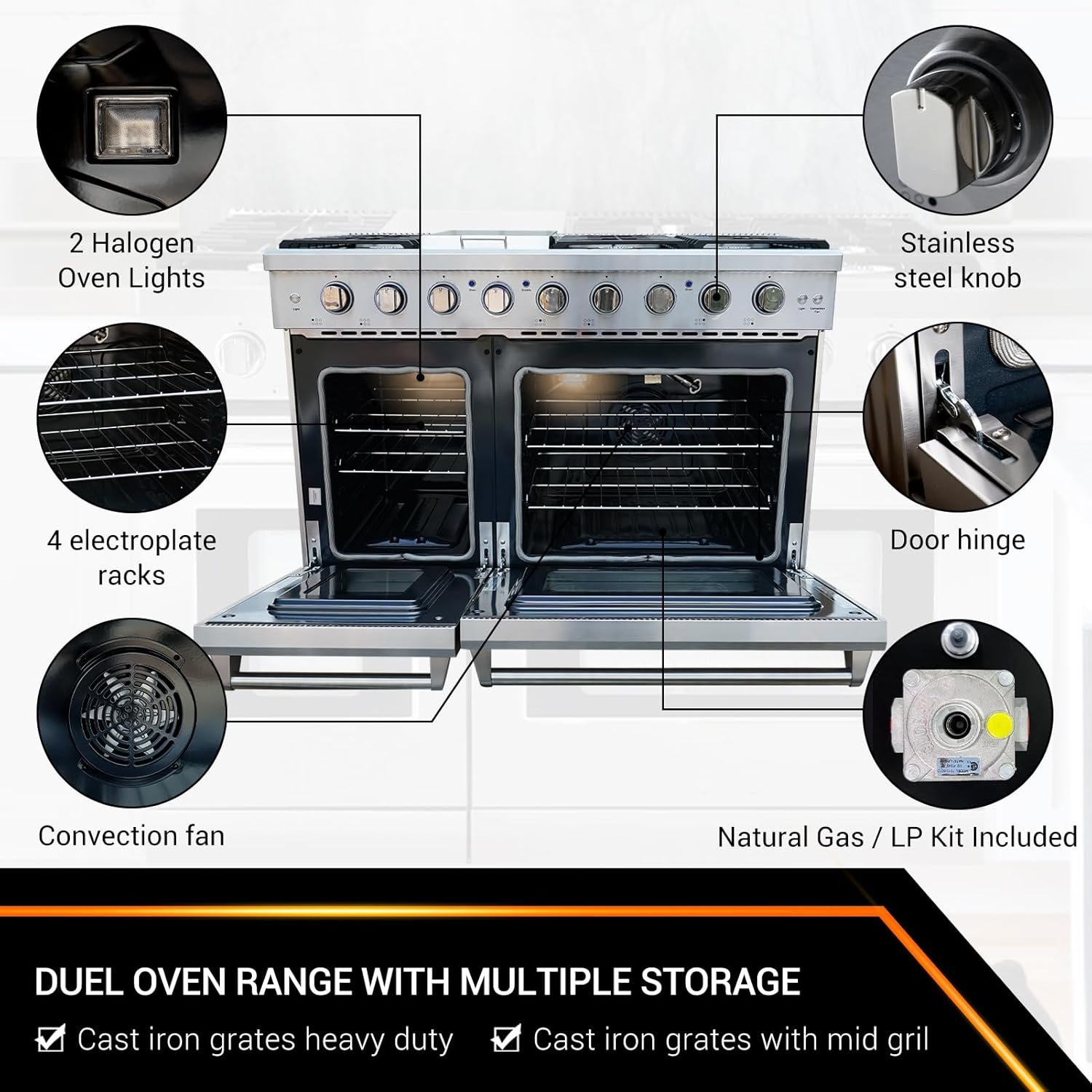 Sinda 48" Gas Range Freestanding Range with 7.0 cu.ft Convection Oven 6 Burners Cast Iron Grates Convections Two Porcelain Oven Racks Natural Gas/LP Convertible - Image 2