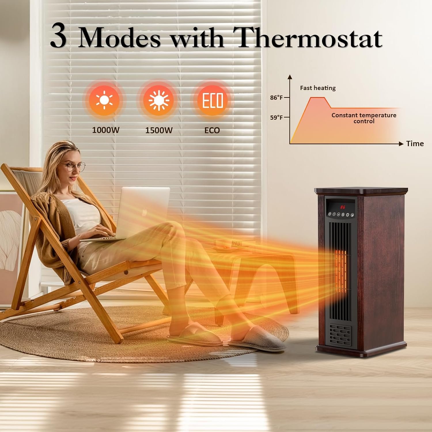 Electric Infrared Space Heater for Indoor Use, 1500W Tower Heater Quartz Heater with Wood Frame, 12H Timer, 3 Heat Settings, Remote Control - Image 3