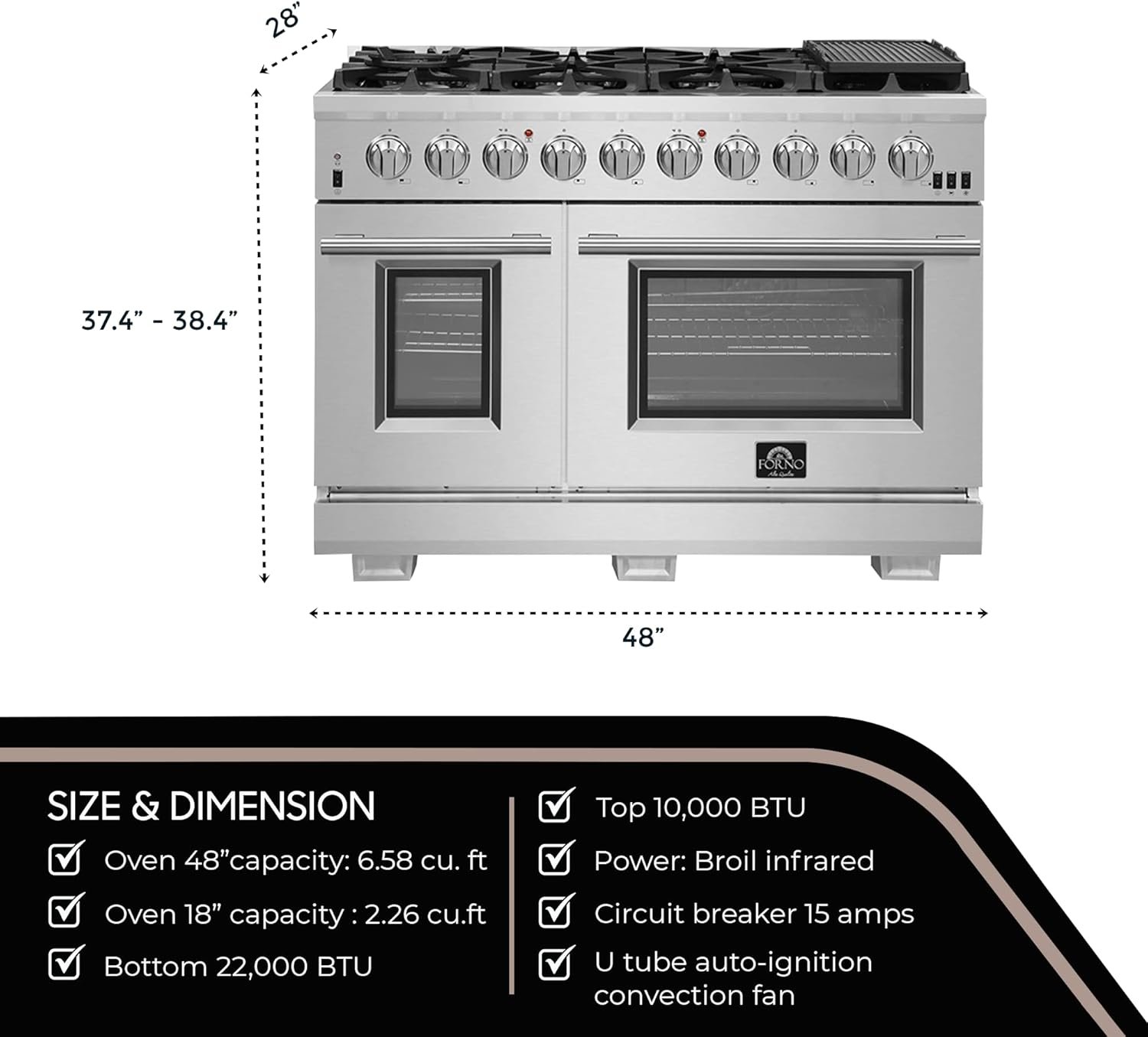 FORNO Capriasca Full Gas 48" Inch. Freestanding Range with 8 Sealed Burners Cooktop - 6.58 Cu.Ft. Double Gas Convection Oven Capacity, Stainless Steel Heavy Duty Cast Iron Grates. - Image 7
