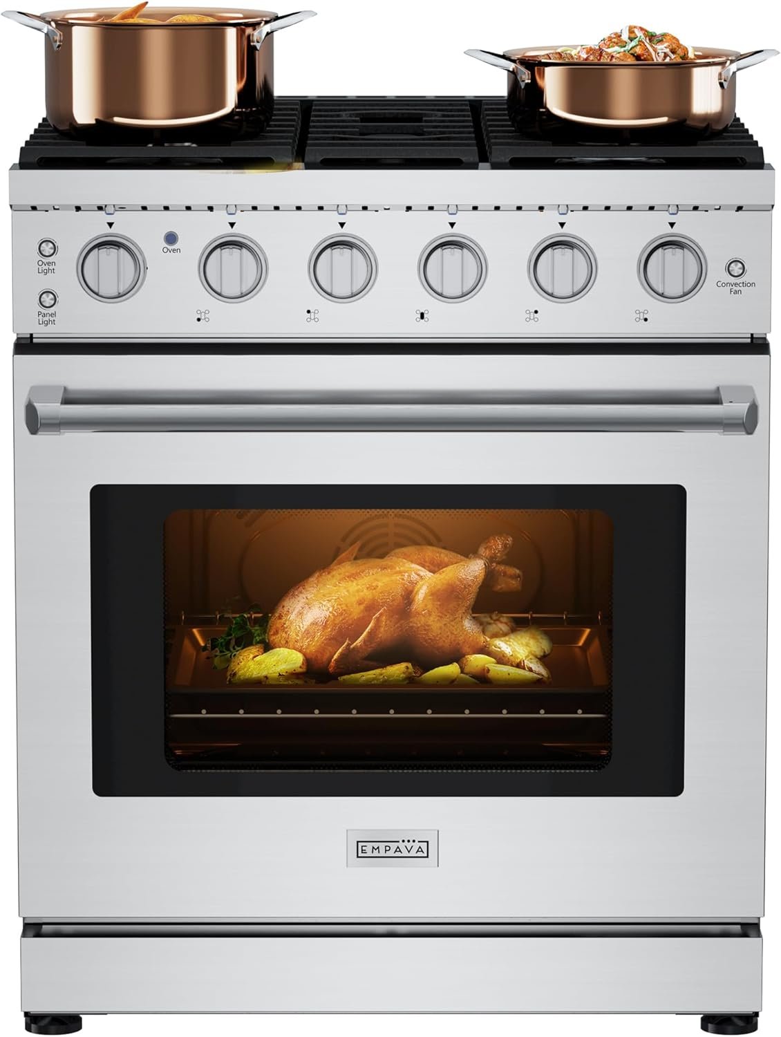 Empava Gas Range,True Convection Oven 4.55 Cu. Ft, 5 Deep Recessed Burners Cooktop, Heavy Duty Continuous Grates in Stainless Steel with Storage Drawer, Freestanding & Slide-in,30 Inch