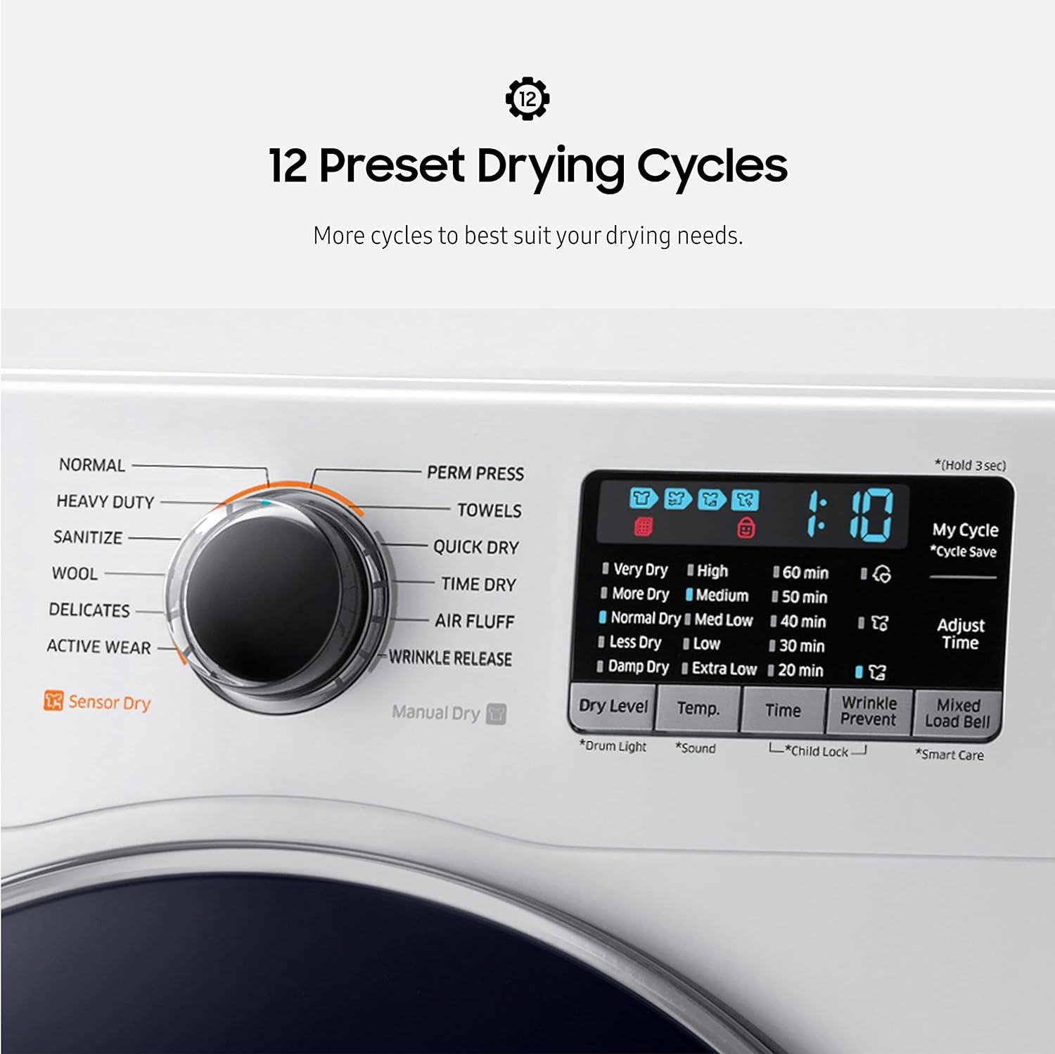 SAMSUNG 4.0 cu. ft. Electric Dryer, Compact Clothes Drying Machine, Stackable for Small Spaces w/Sensor Dry, 12 Preset Cycles, Reversible Door, Internal Drum Light, DV22K6800EW, White - Image 6