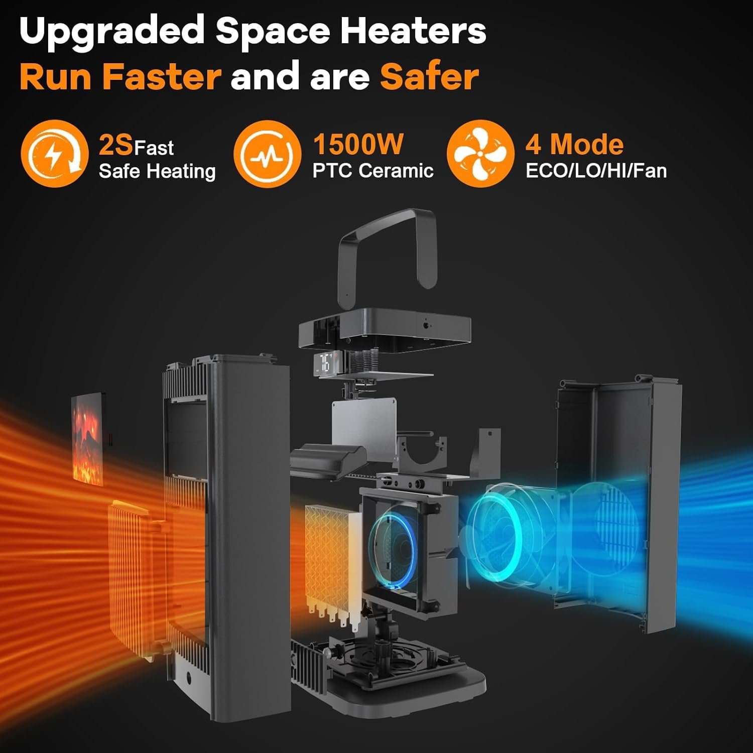 Space Heater for Indoor Use, 2024 Newest Upgraded Portable Heater with Infrared Sensor & Fireplace Flame Effect,Fast Heating,PTC Small Ceramic Electric with 4 Mode,Office Room,Desk,Garage - Image 2