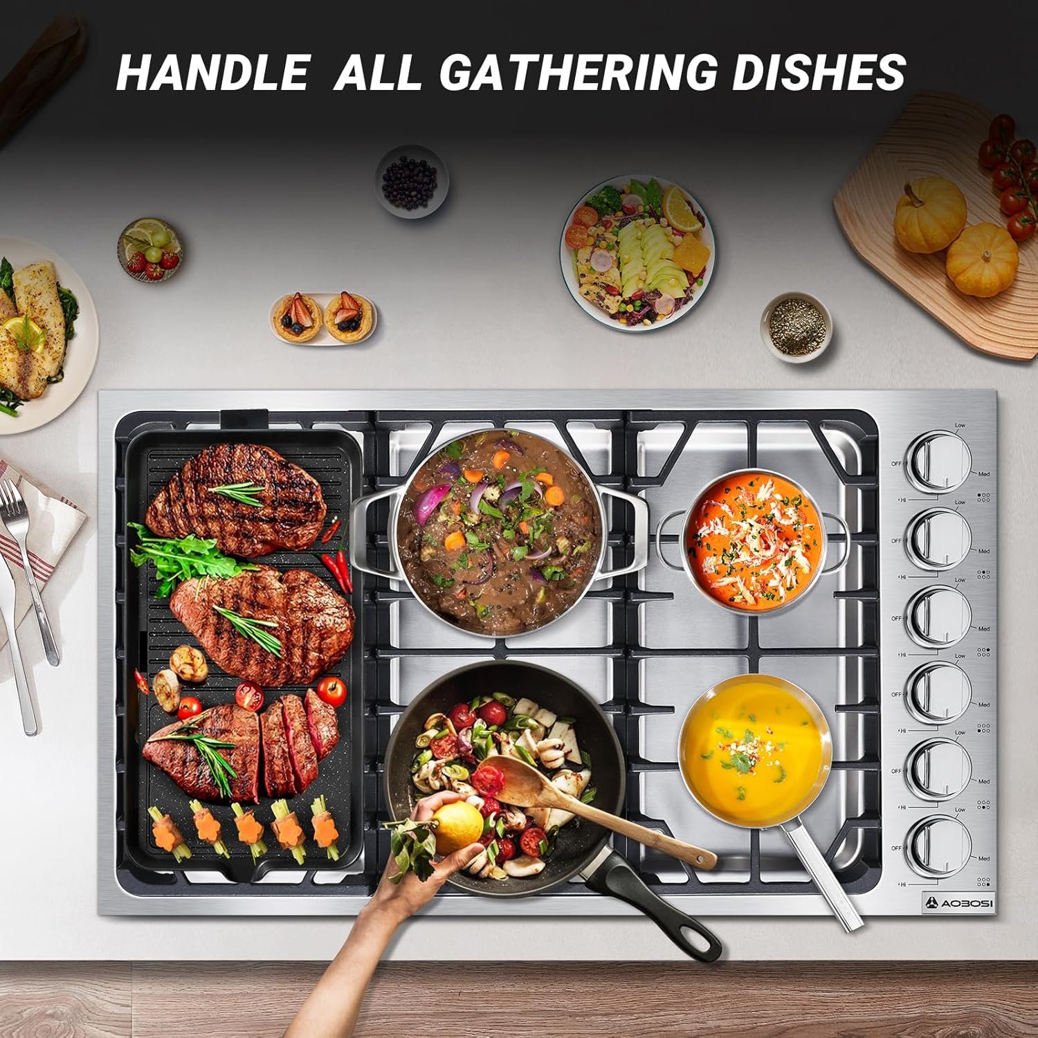 AAOBOSI 36 inch Gas Cooktop, Gas Stovetop with 72,000 BTUs 6 Burners Propane Cooktop, NG/LPG Convertible, Cast Iron Grates Stainless Steel, Ideal Gas Stoves for RV, Kitchen, Home - Image 8