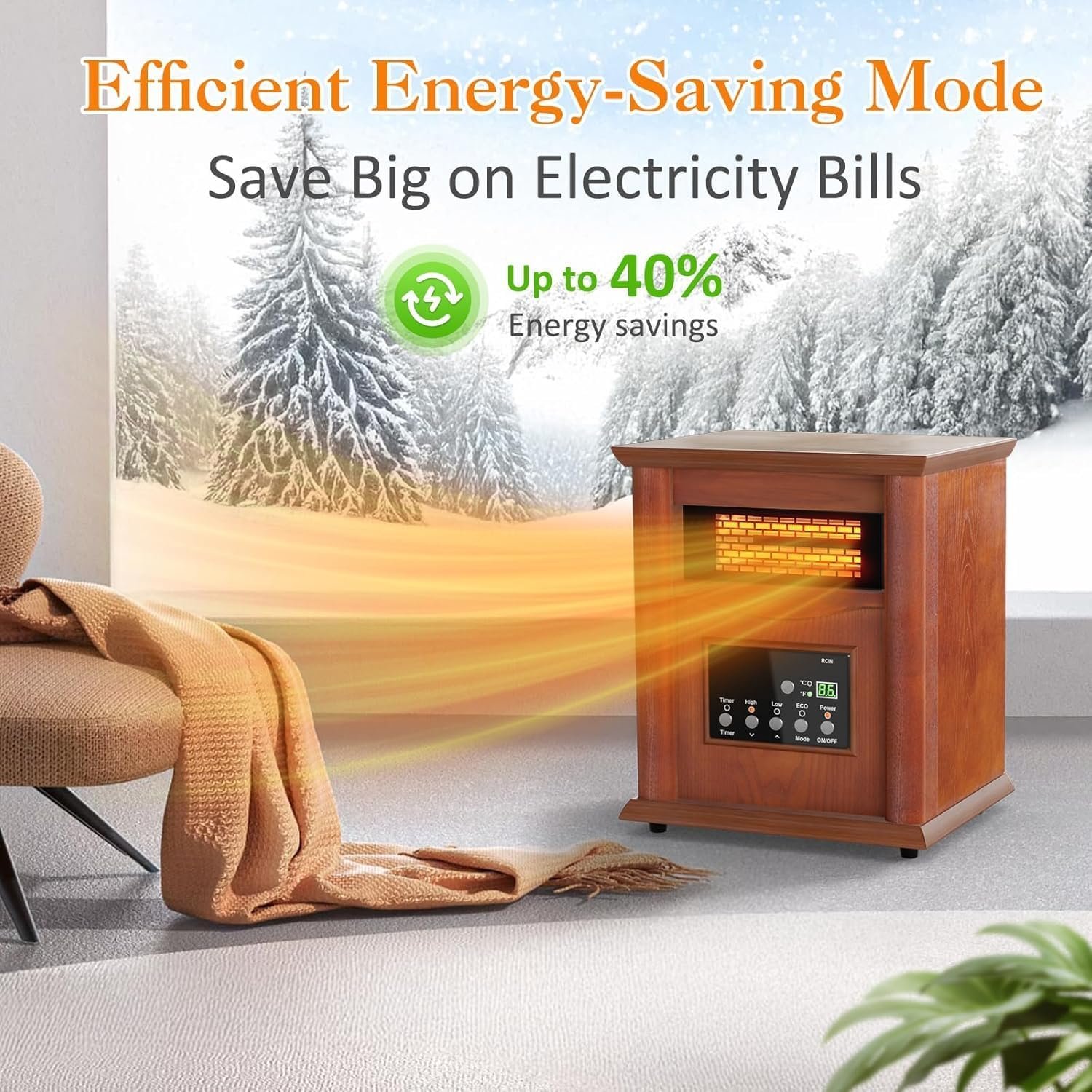 Electric Infrared Space Heater, Quartz Heater for Indoor Use, Tip-Over & Overheat Protection with Remote Control, 3 Heat Settings, 12H Timer, 1500W for Large Room Basement Heating (Light) - Image 7