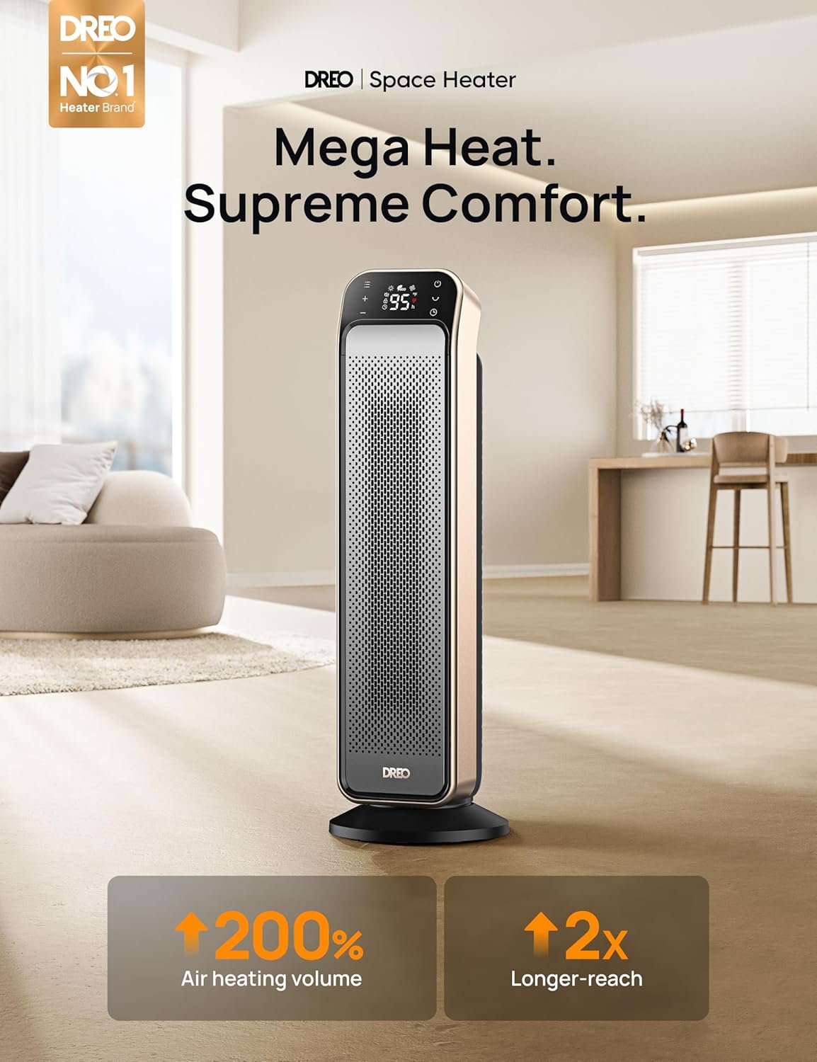 Dreo Space Heater for Indoor Use, 25" 11.5ft/s Fast Electric Heater with Remote and Thermostat, 3 Modes, Overheating & Tip-Over Protection, Portable Heater for Large Room, Bedroom, Office, Gold - Image 2