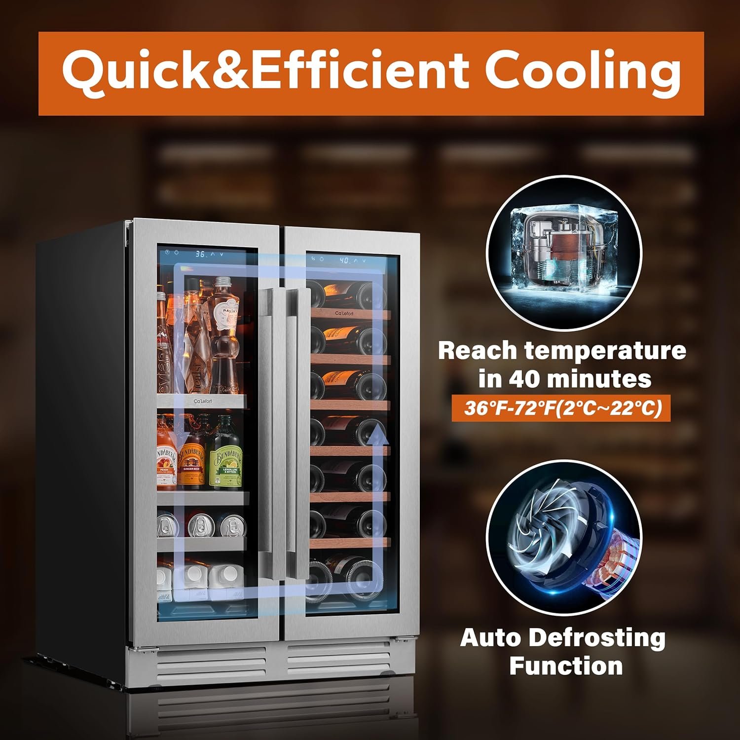 Ca'Lefort Wine and Beverage Refrigerator 24 Inch, 60 Can and 20 Bottle Wine Fridge Dual Zone 36°F-72°F, 3 LED Beverage Fridge Built in or Freestanding, Perfect for Home/Kitchen(4.10 cu.ft) - Image 5