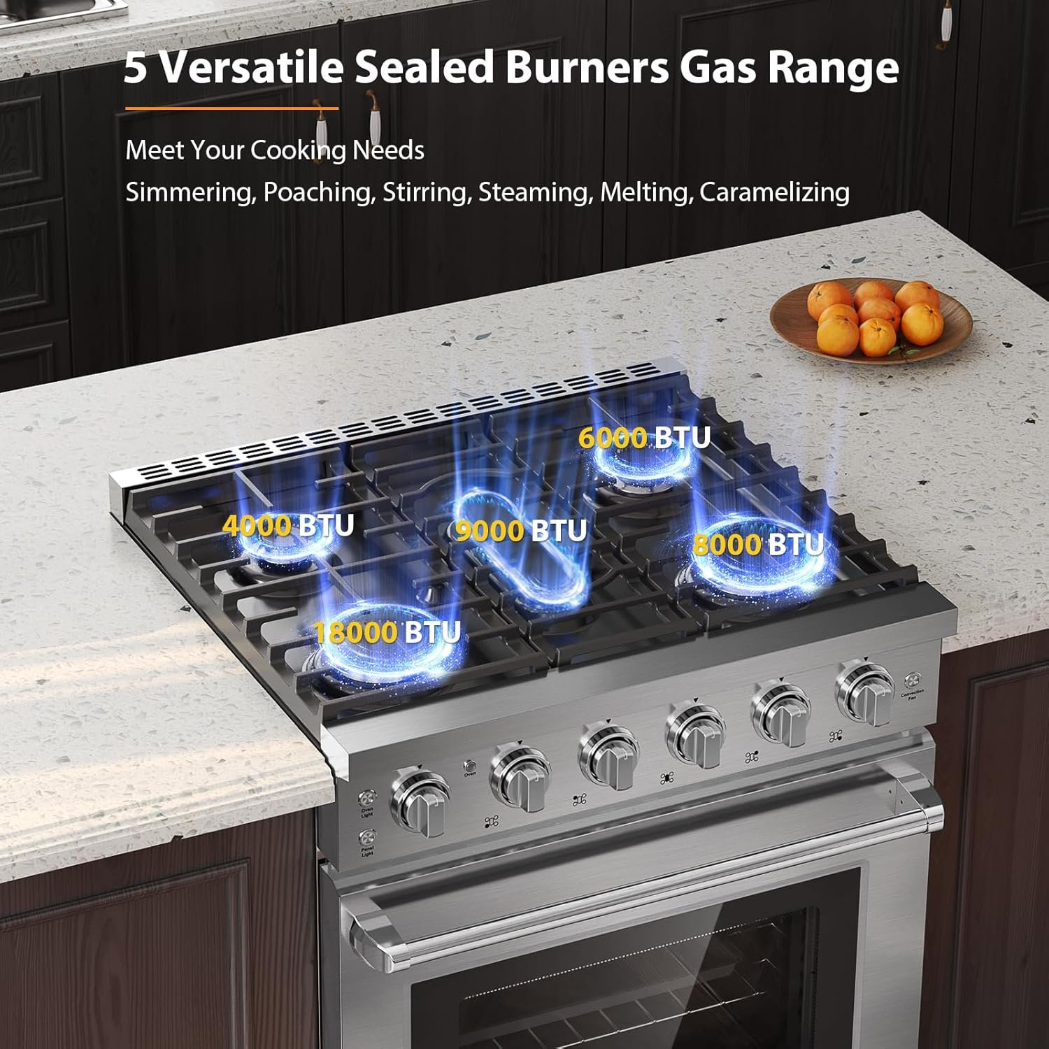 Empava Gas Range,True Convection Oven 4.55 Cu. Ft, 5 Deep Recessed Burners Cooktop, Heavy Duty Continuous Grates in Stainless Steel with Storage Drawer, Freestanding & Slide-in,30 Inch - Image 4