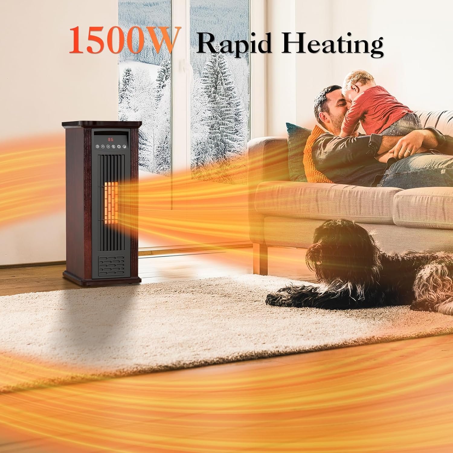 Electric Infrared Space Heater for Indoor Use, 1500W Tower Heater Quartz Heater with Wood Frame, 12H Timer, 3 Heat Settings, Remote Control - Image 2